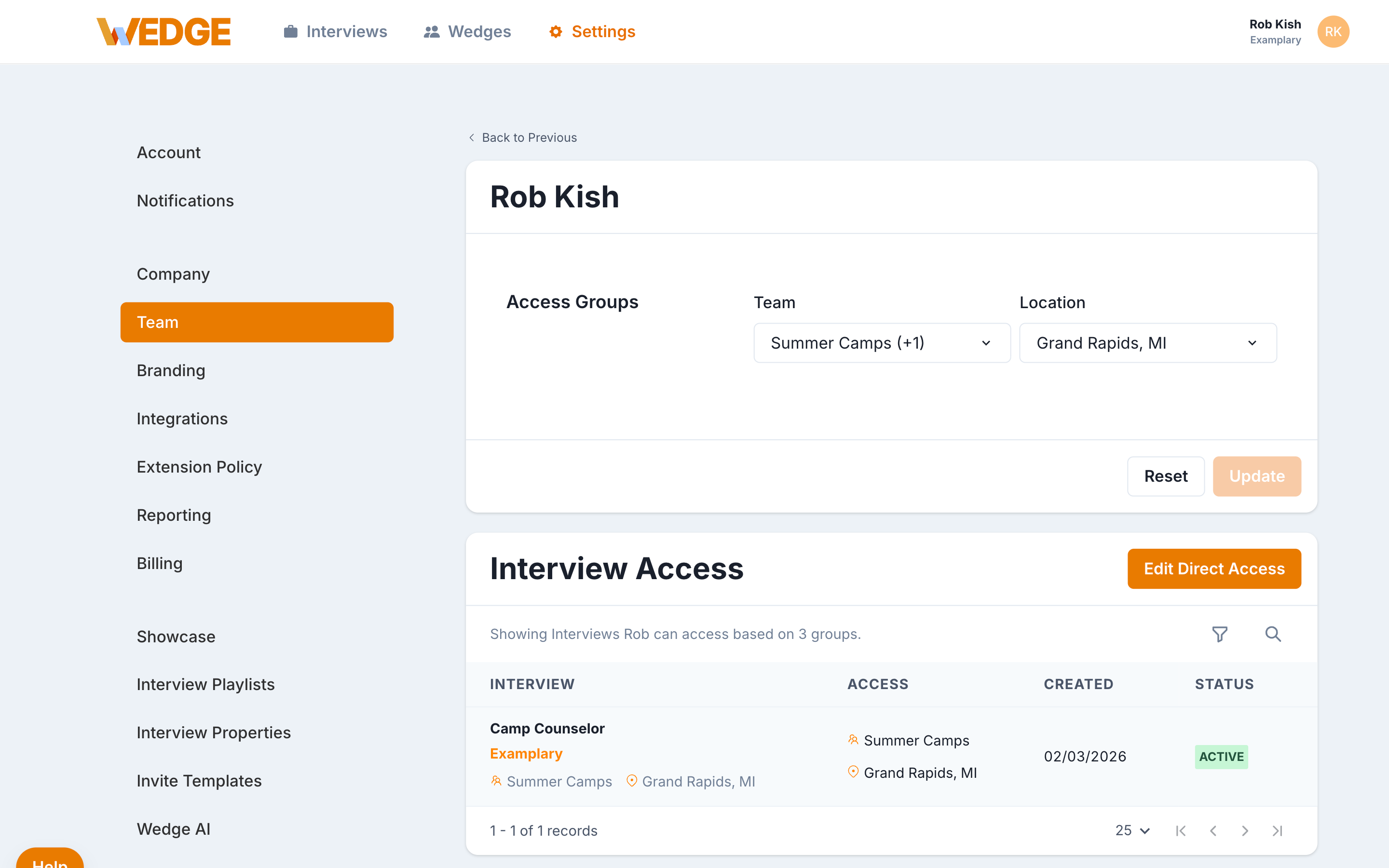 Team member profile for Rob Kish showing Access Groups set to Summer Camps (+1) and Grand Rapids, MI. The Interview Access section shows 1 matching interview: Camp Counselor, with access through Summer Camps and Grand Rapids, MI.