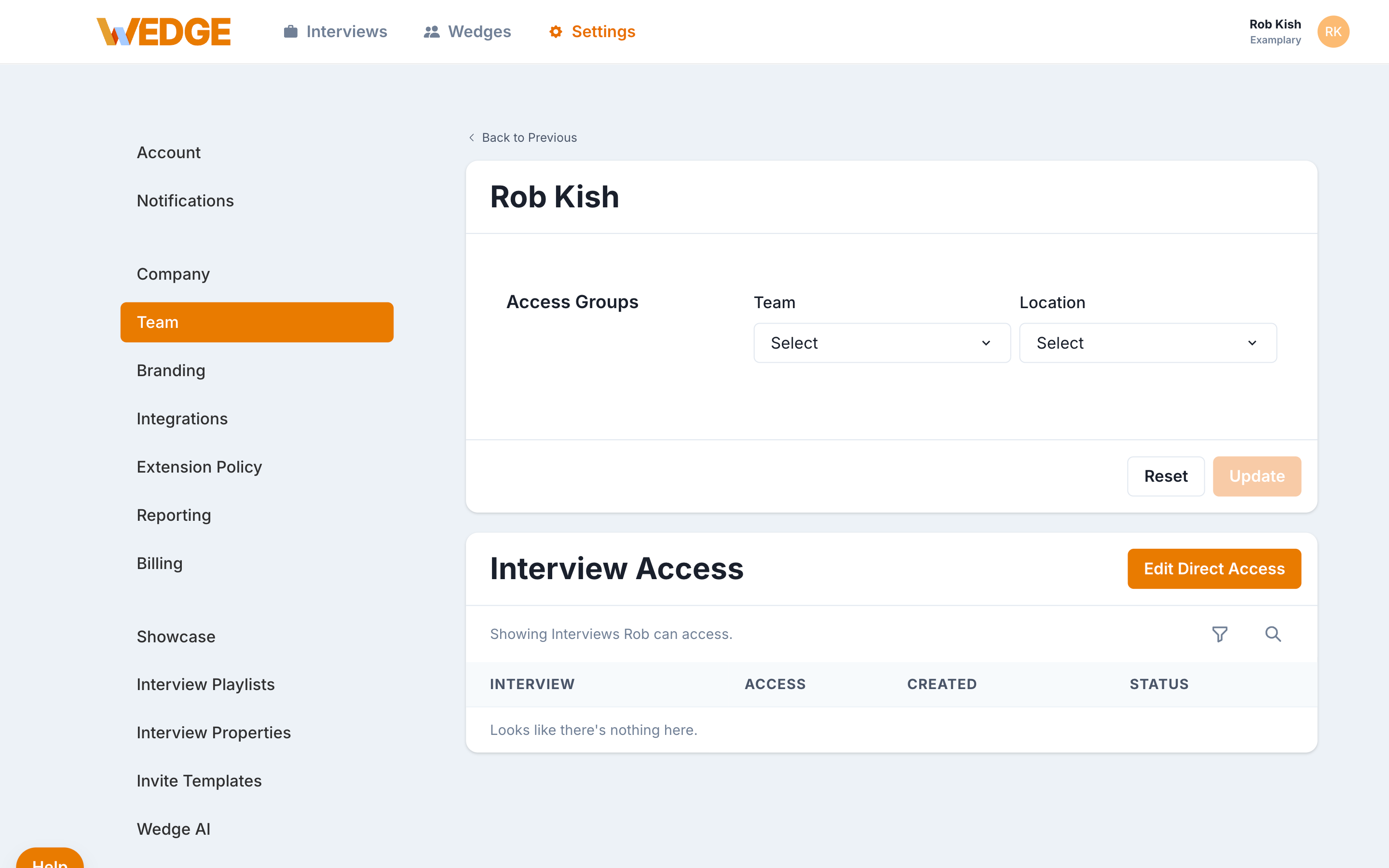 Team member profile for Rob Kish with Team and Location dropdowns set to
