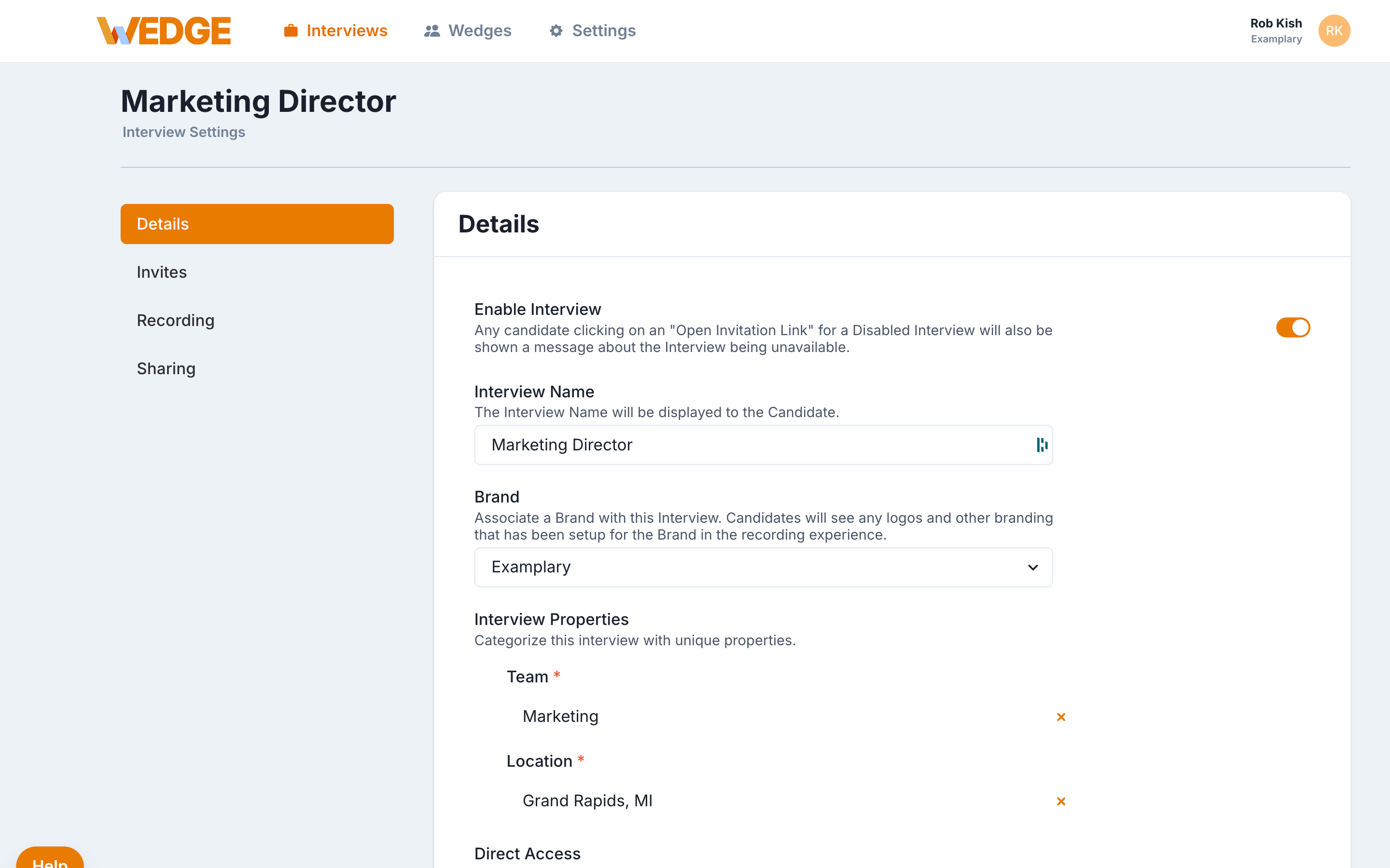 Interview Settings page for a Marketing Director interview, showing the Details tab with Enable Interview toggled on, Interview Name set to