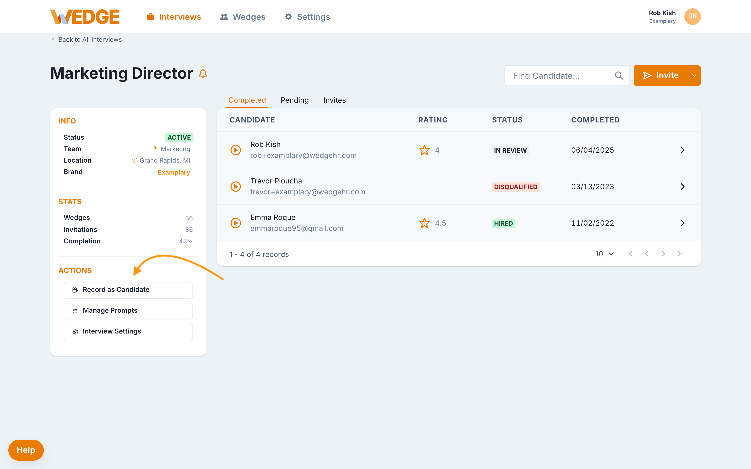The Interview Detail page in WedgeHR showing the Actions panel on the left side with the Record as Candidate button.