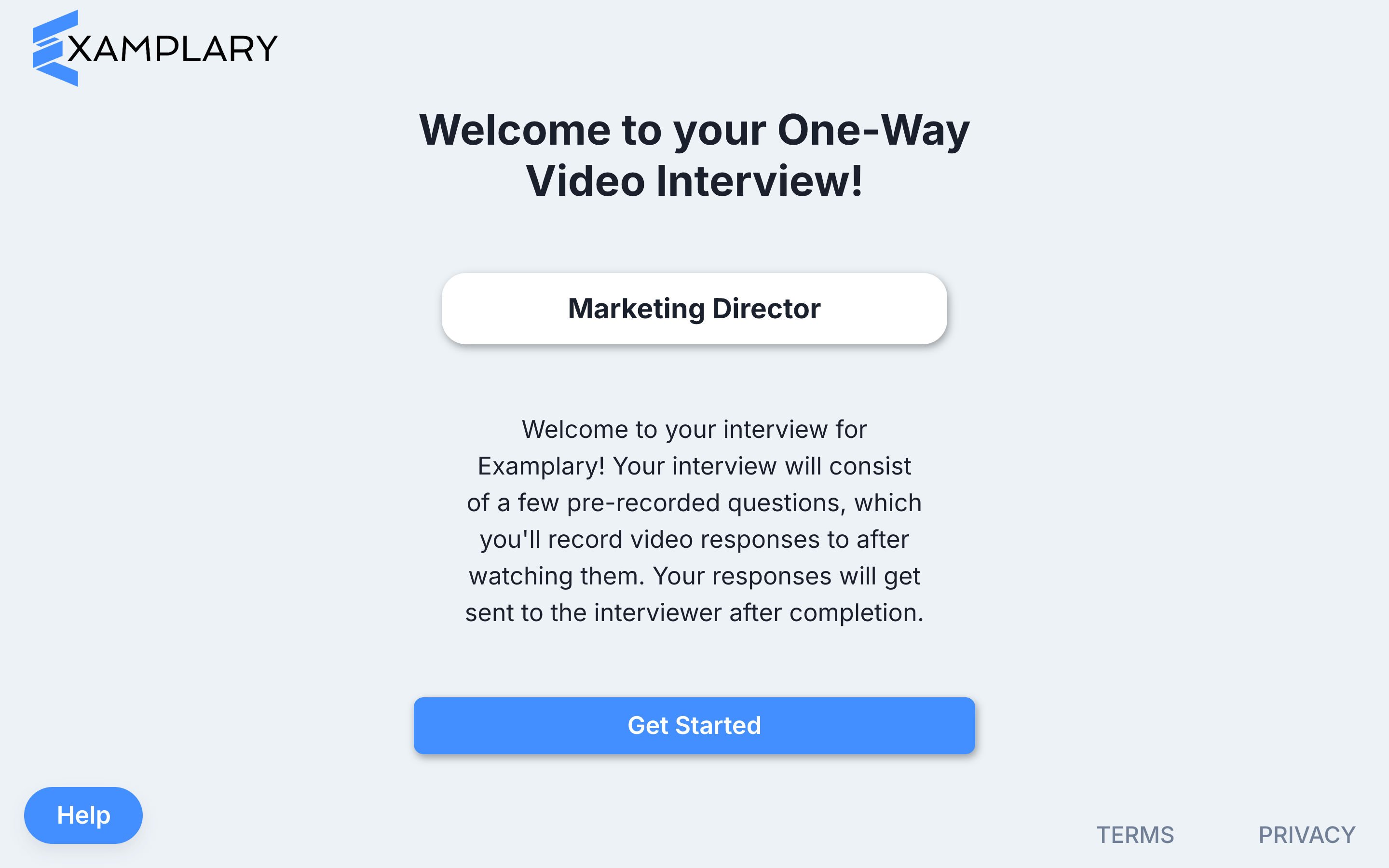 The candidate welcome page in WedgeHR showing company branding, the interview title, and a Get Started button.