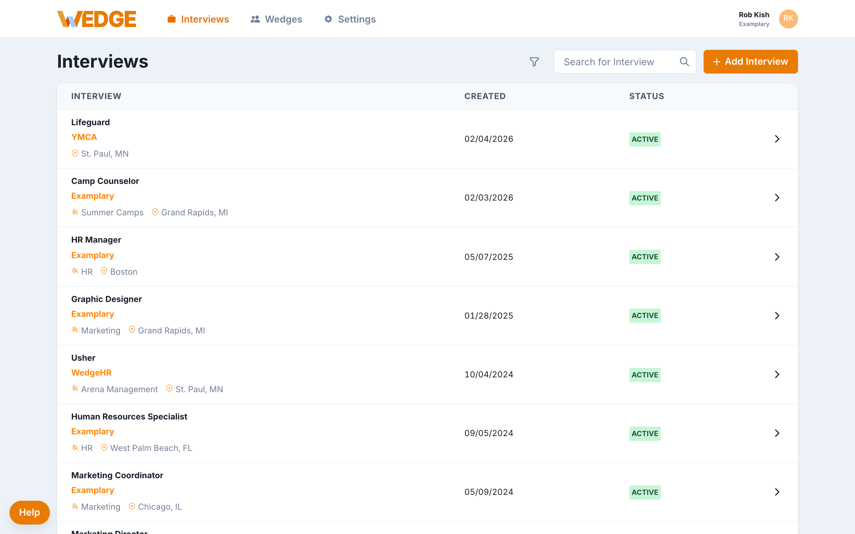 The WedgeHR Interviews page showing the + Add Interview button in the top navigation area.