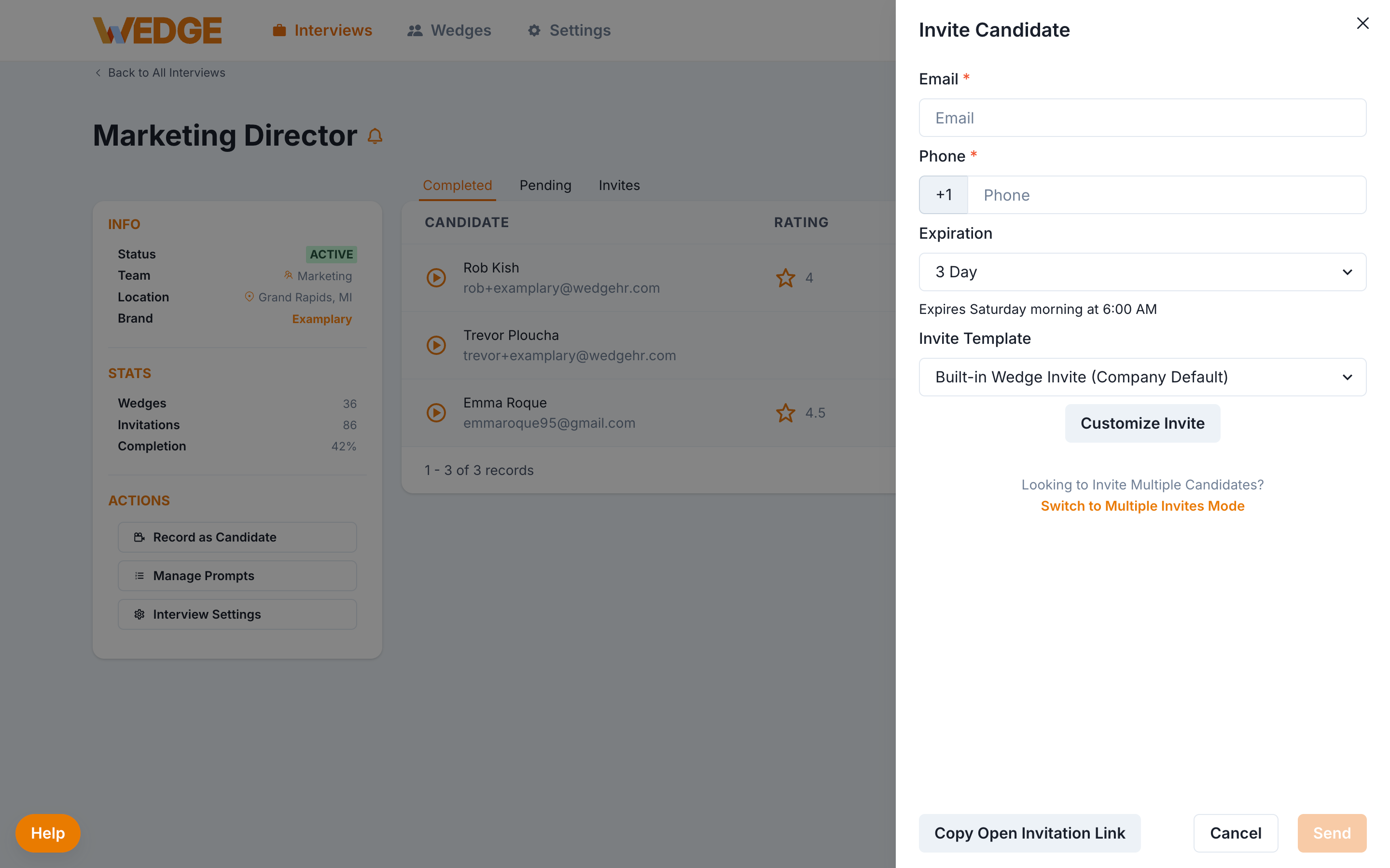 The WedgeHR invite drawer with fields for email address and phone number, and a Send Invite button. 