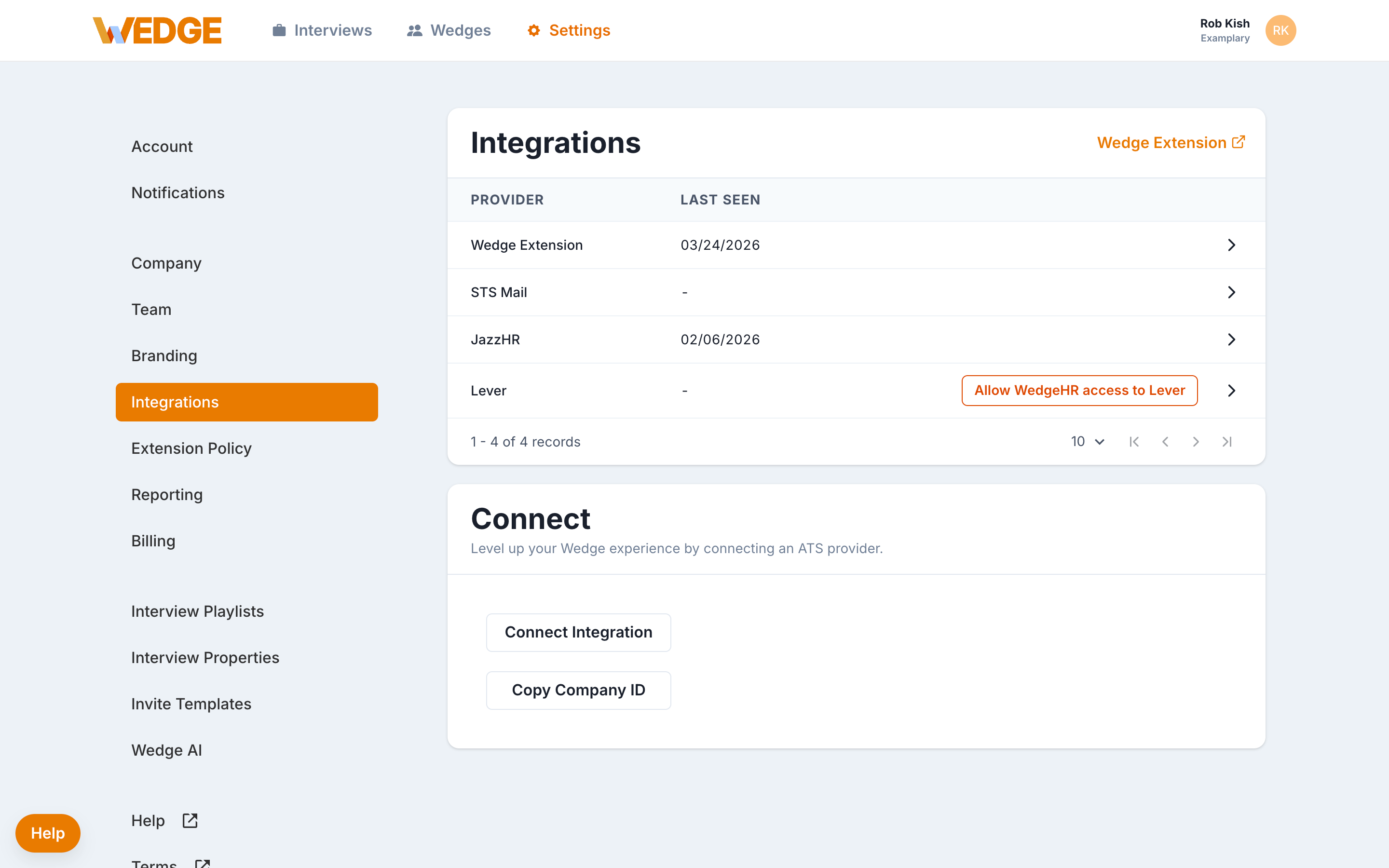The WedgeHR Integrations page showing connected integrations including, JazzHR, Lever, and others, with a Connect Integration button below.