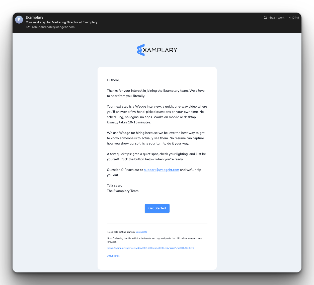 xample Wedge interview invite email with a Get Started button