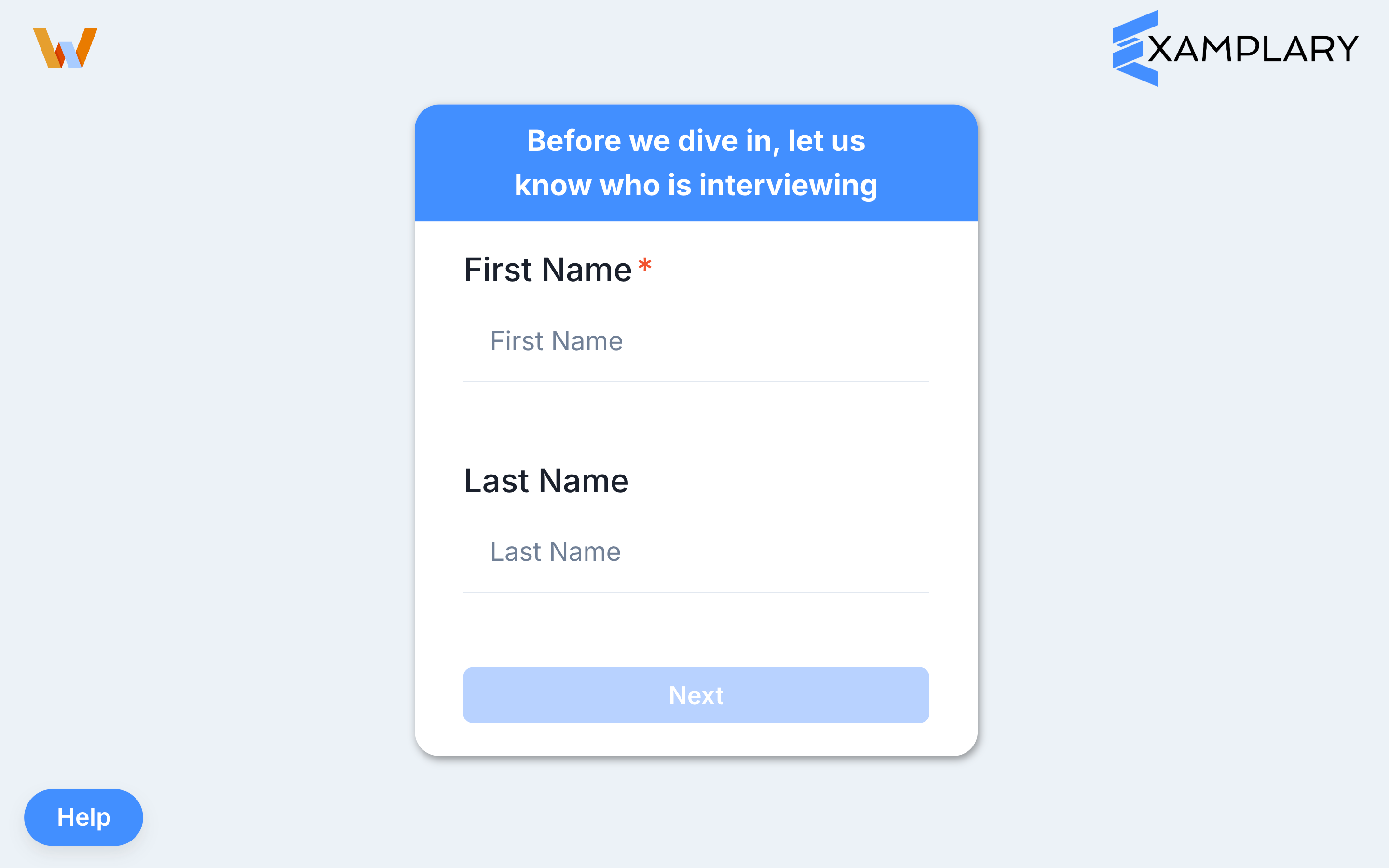 Name entry form with First Name and Last Name fields
