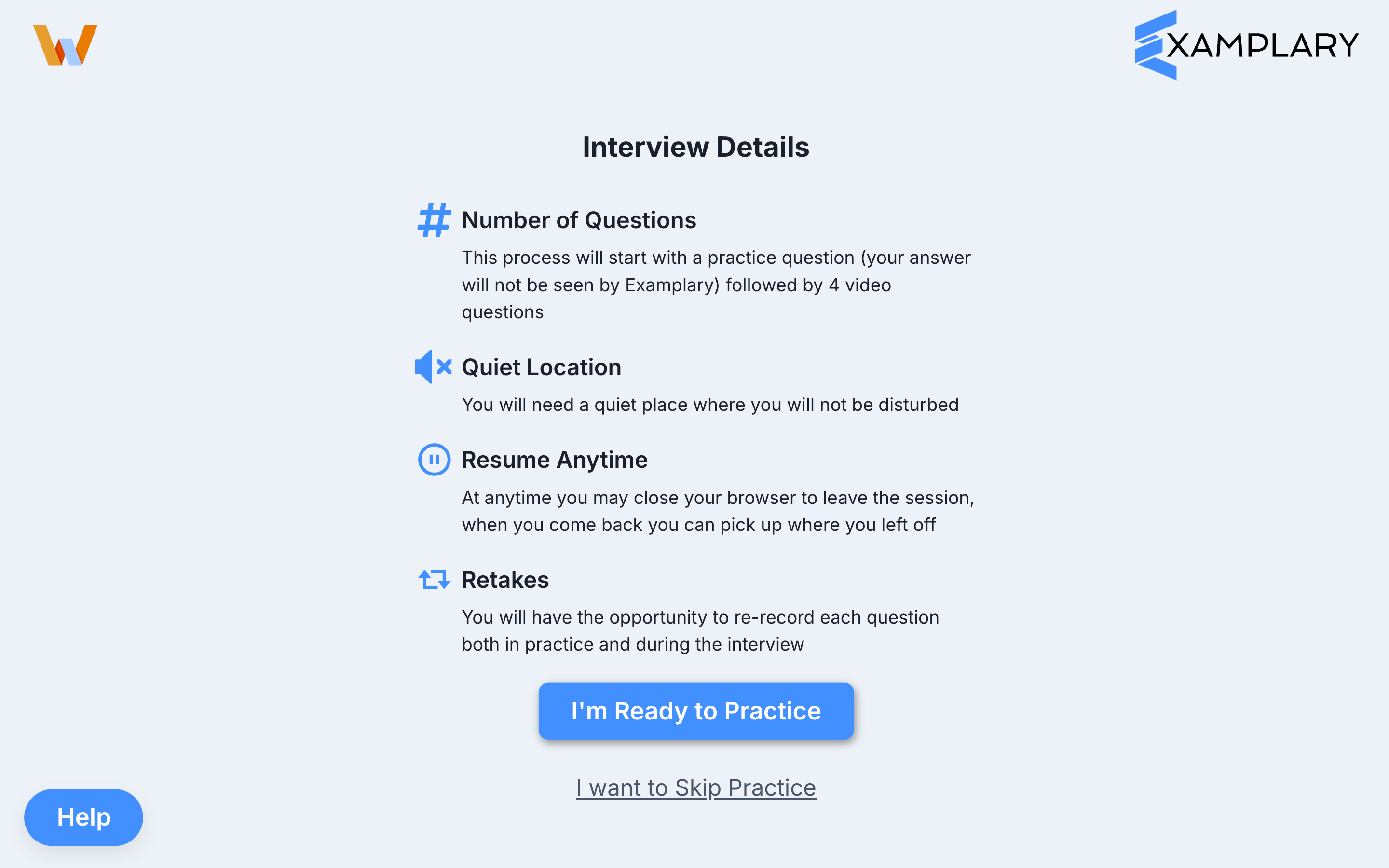 Interview Details screen showing number of questions, quiet location, resume anytime, and retakes