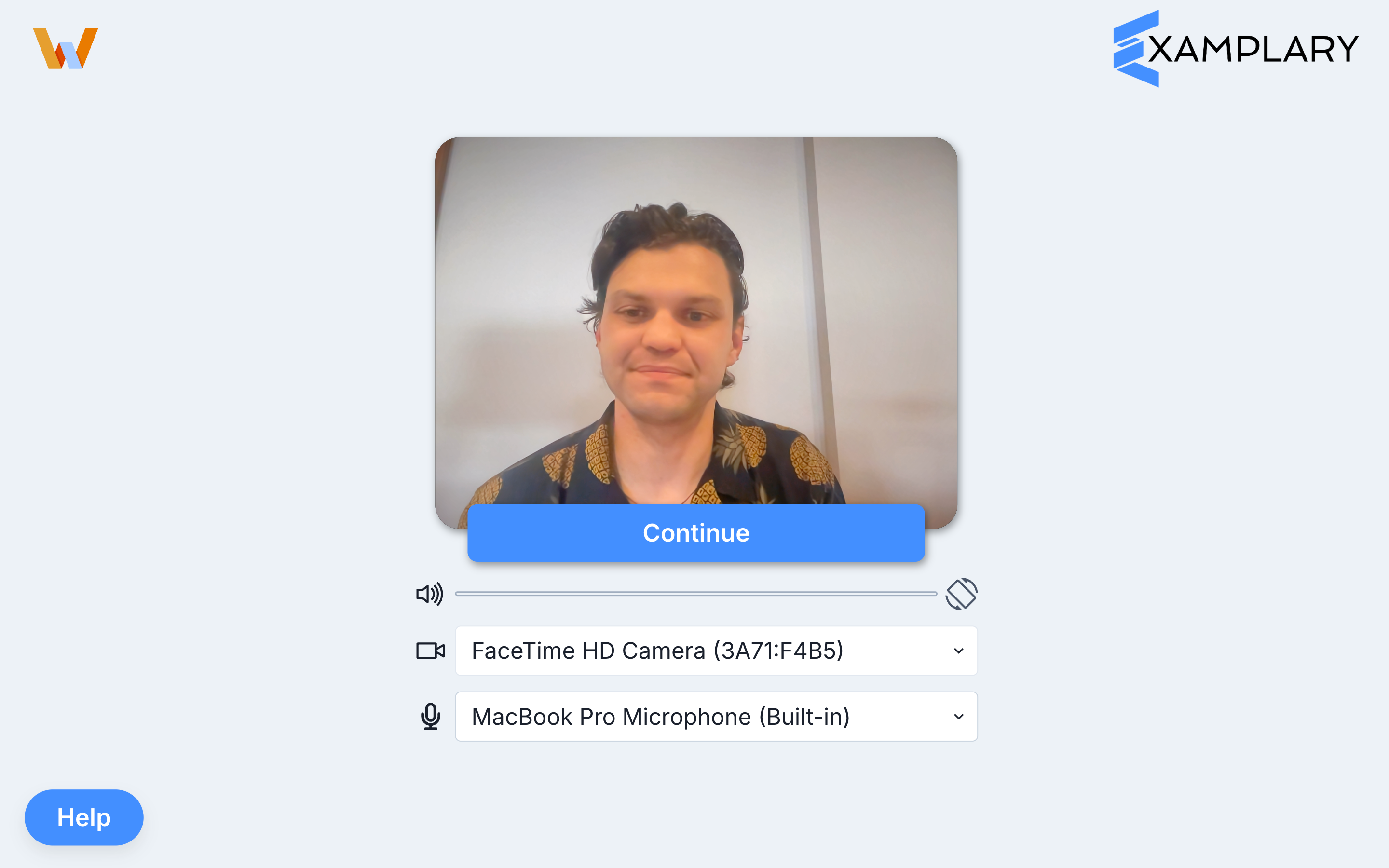 Hardware check screen with camera preview and camera and microphone selection dropdowns