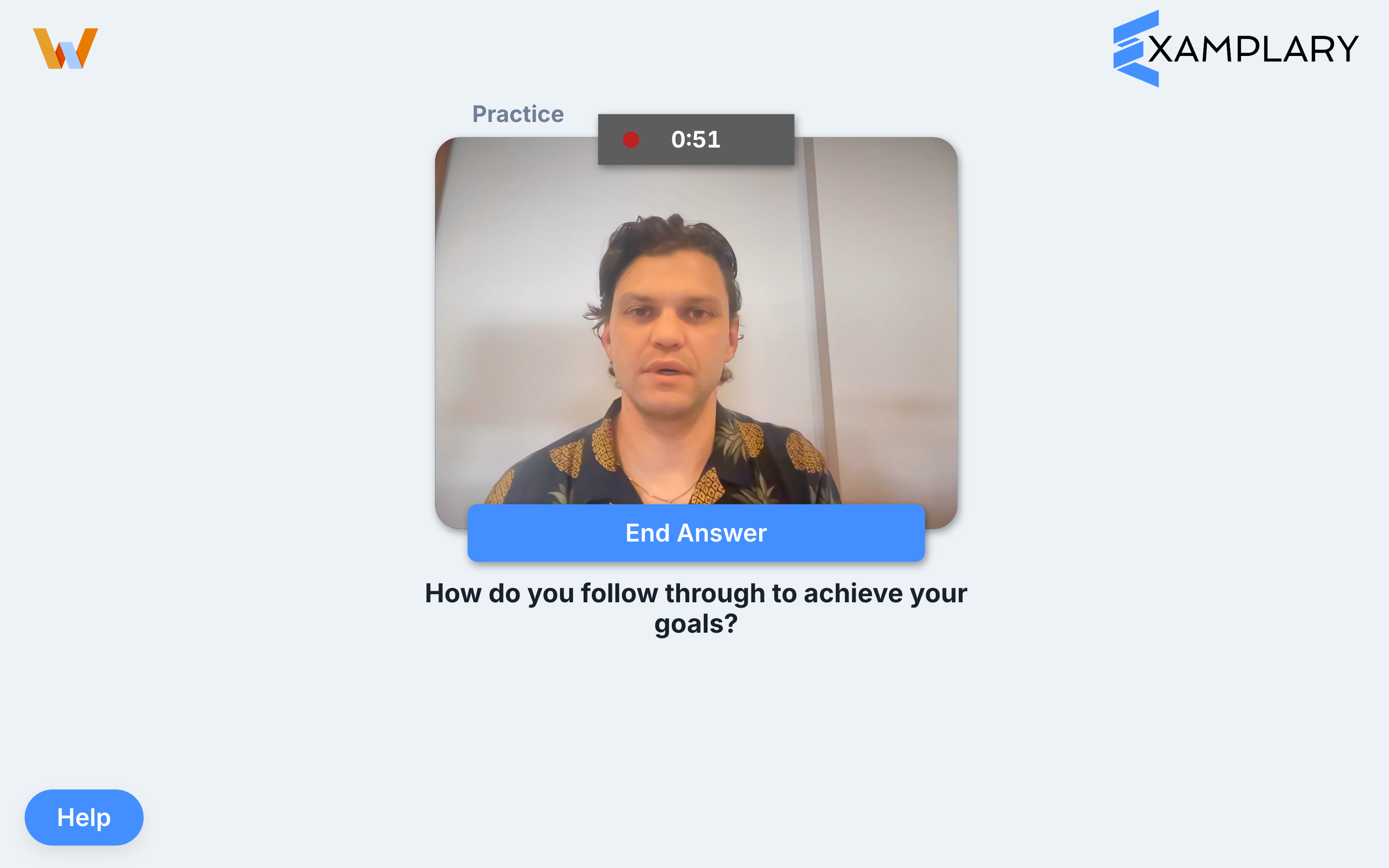 Recording screen with a live camera view, timer, question text, and End Answer button