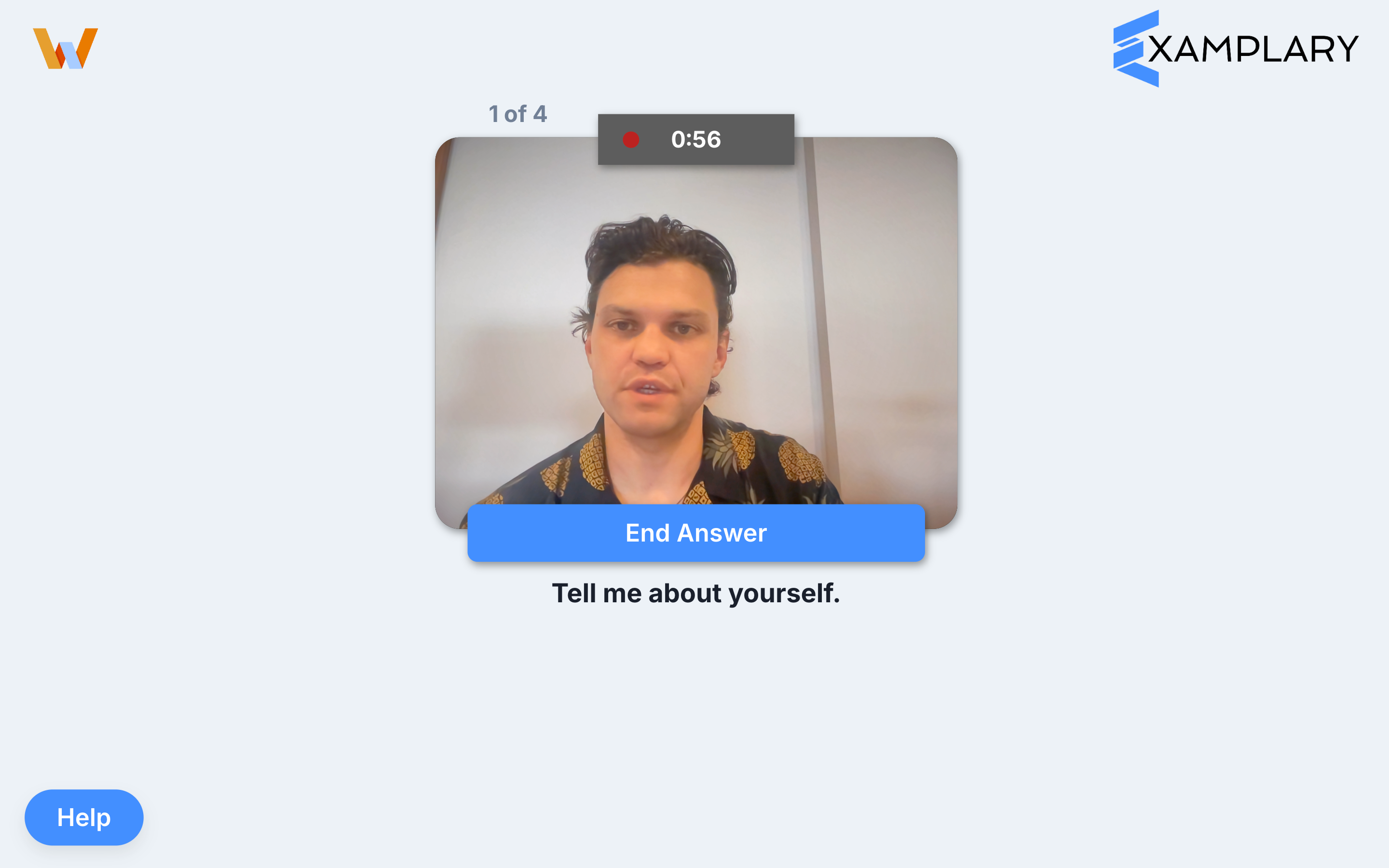 Real interview recording screen showing 1 of 4 question indicator, timer, and End Answer button