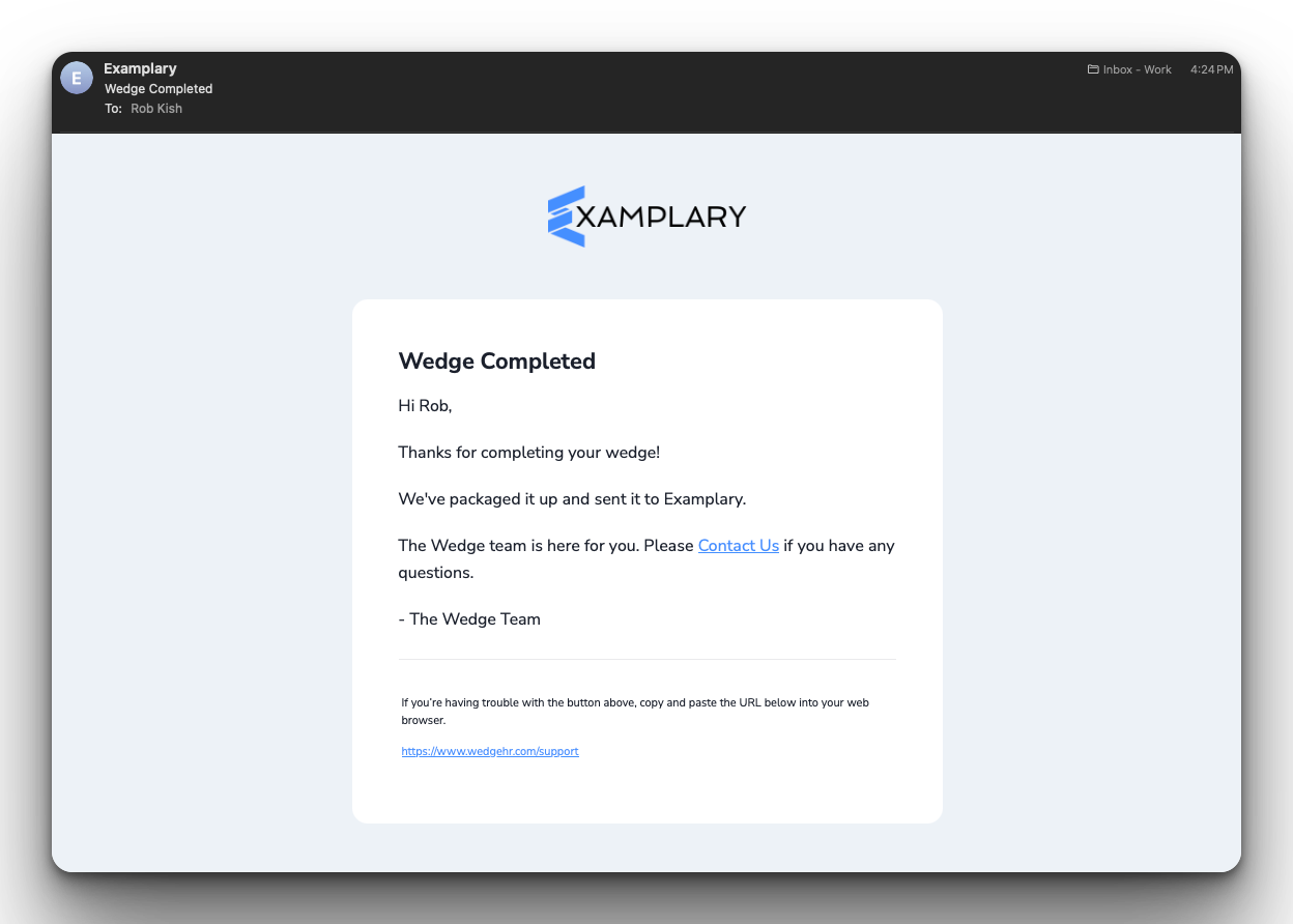 Wedge Completed confirmation email sent to the candidate