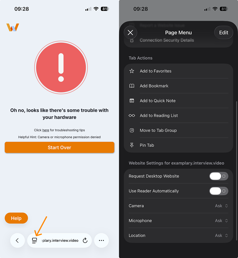 Safari Page Menu on iPhone scrolled to the Website Settings section, showing Camera and Microphone set to Allow for the interview website.