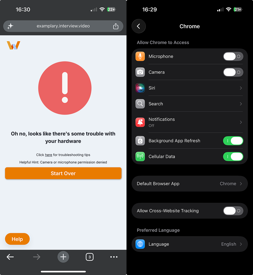iPhone Settings screen for the Chrome app showing camera and microphone access turned on.