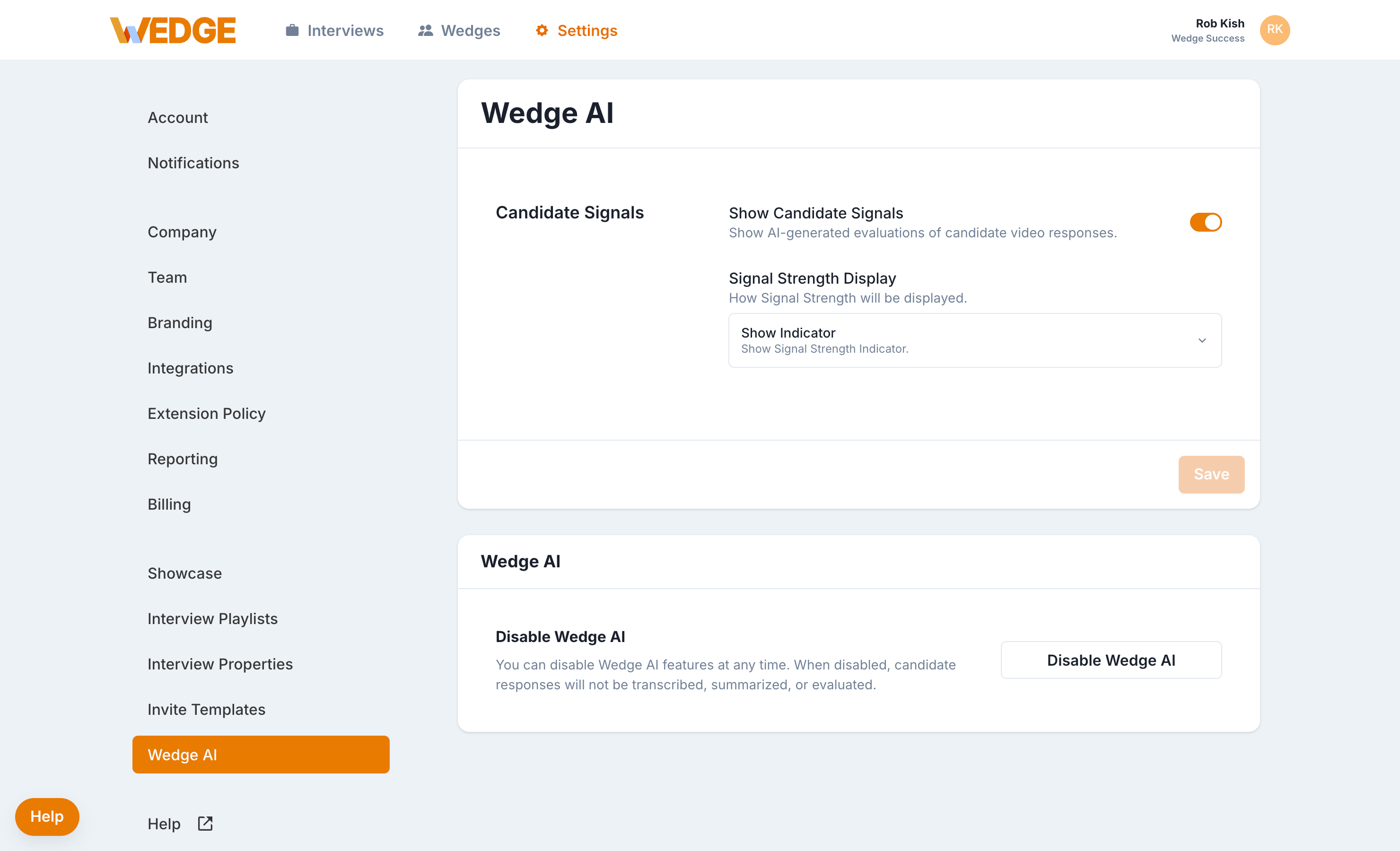 The Wedge AI settings page showing the Candidate Signals section with the Show Candidate Signals toggle turned on and the Signal Strength Display dropdown set to Show Indicator.