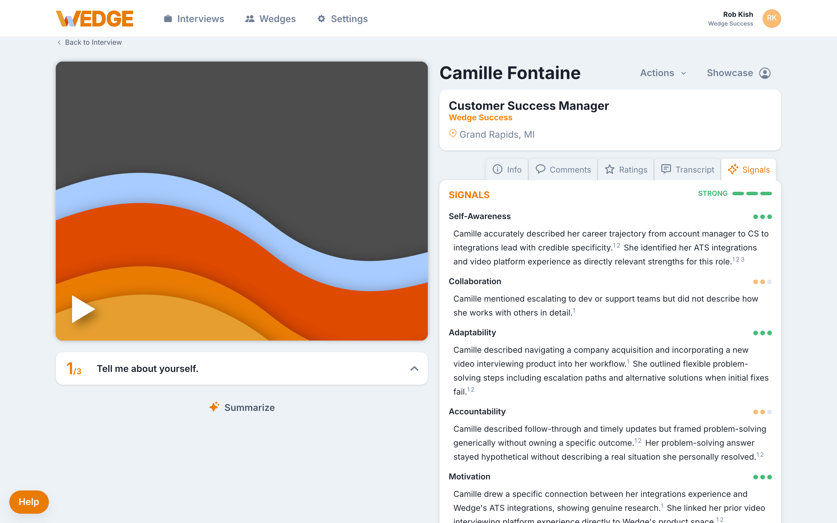 The Wedge candidate viewer showing the Signals tab selected, with signal strength displayed for Self-Awareness, Collaboration, Adaptability, Accountability, and Motivation, each with a written observation and linked references to the candidate's transcript.