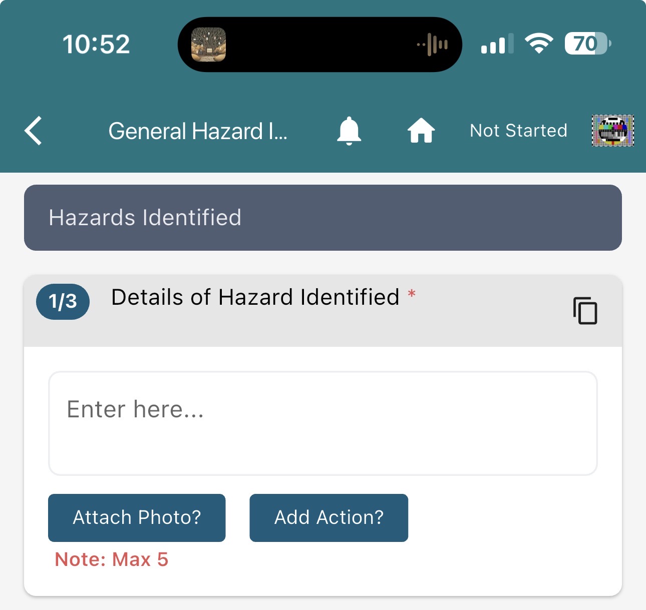Form question showing Details of Hazard Identified with Attach Photo and Add Action buttons