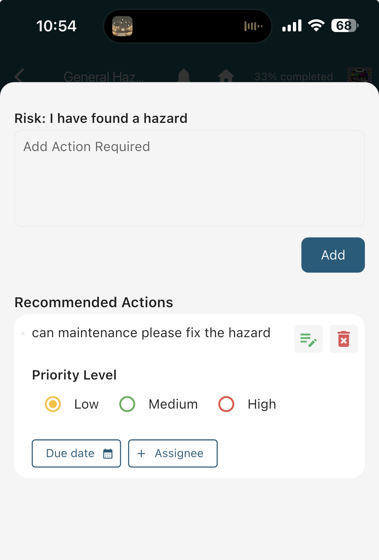 Recommended Actions screen with priority level, Due date and Assignee buttons