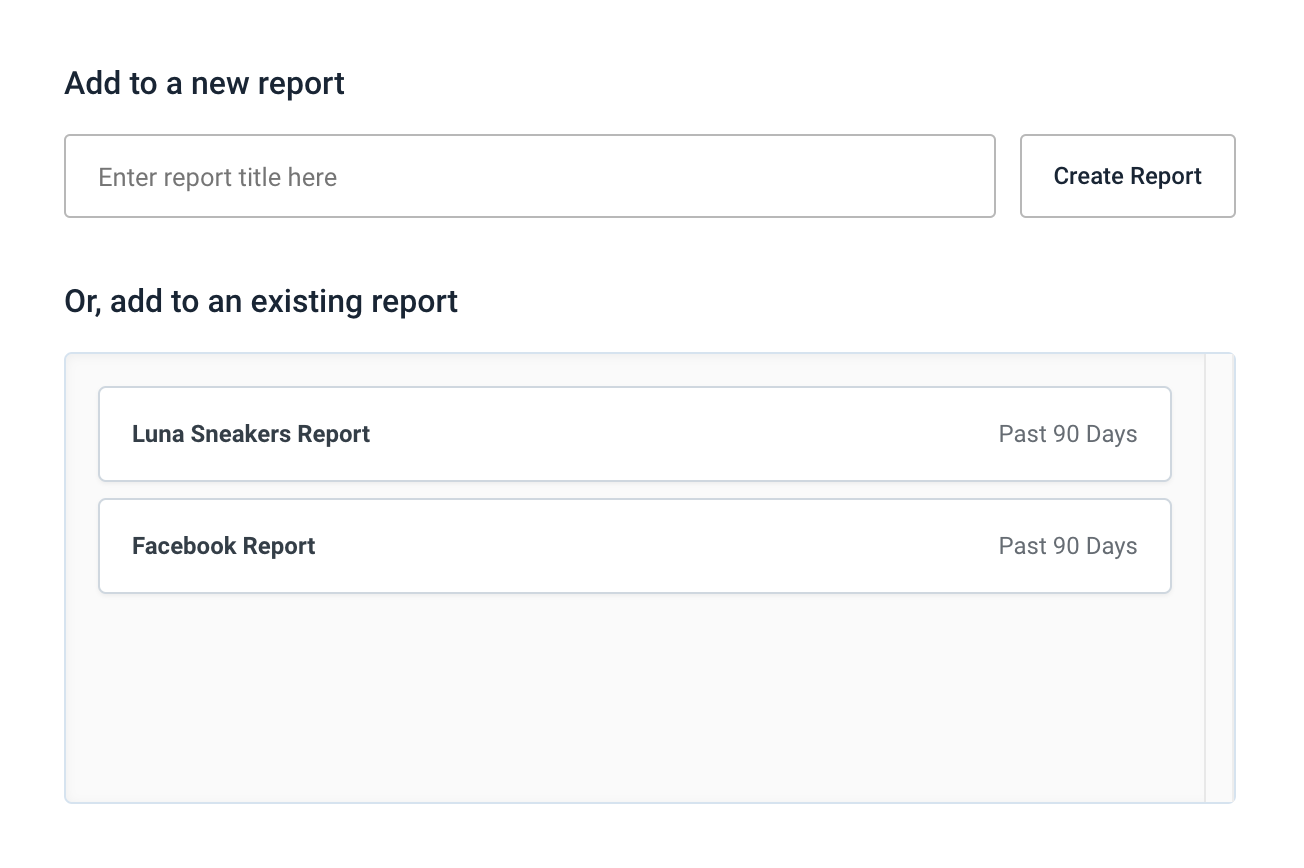 Create a new report by entering a title and clicking create report or select an existing report.