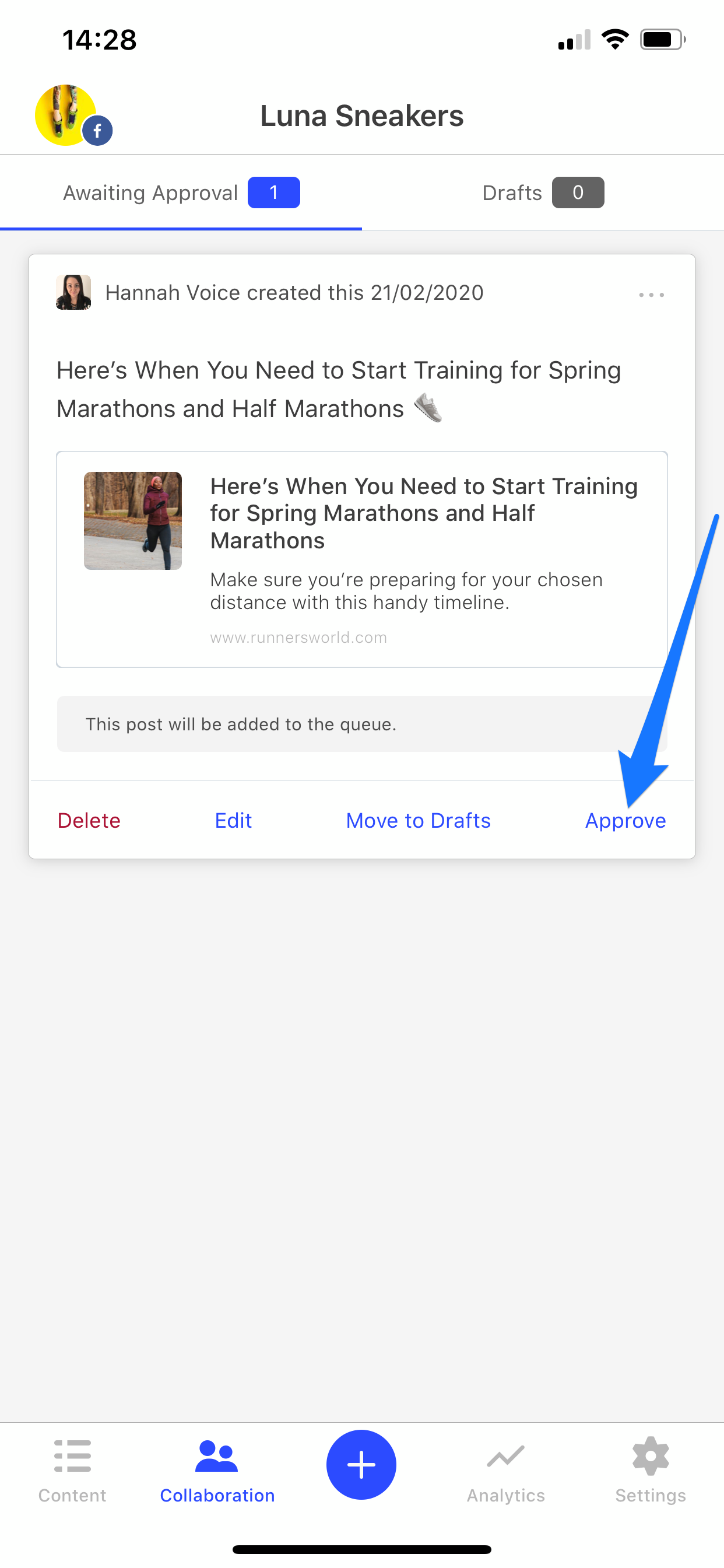 Arrow pointing to the Approve button on a draft post in the iOS app