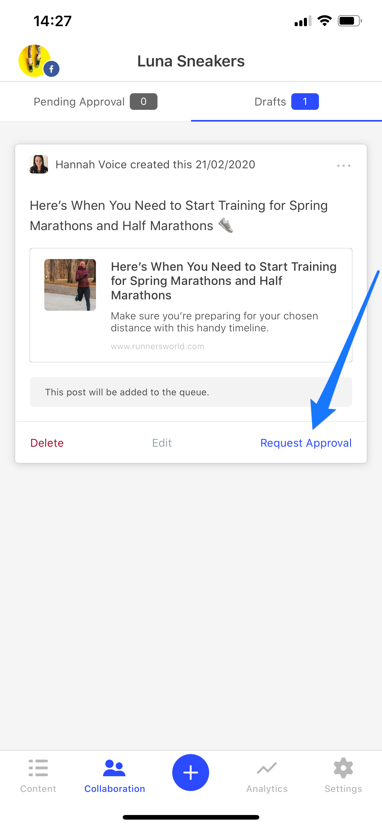 Arrow pointing to the Request Approval button in the iOS app