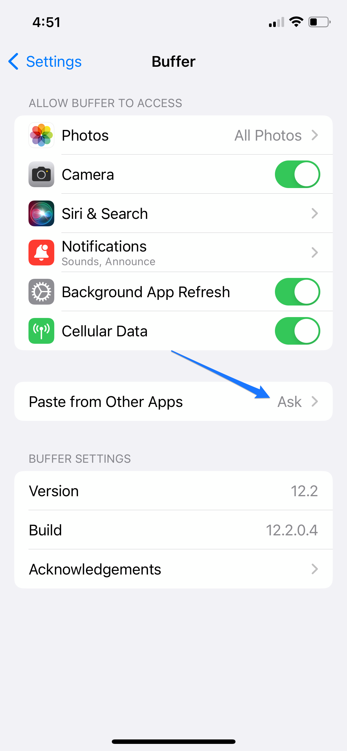 Paste from other apps - Buffer iOS settings