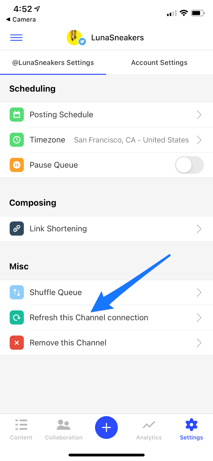 Buffer mobile app - Refresh this Channel connection button