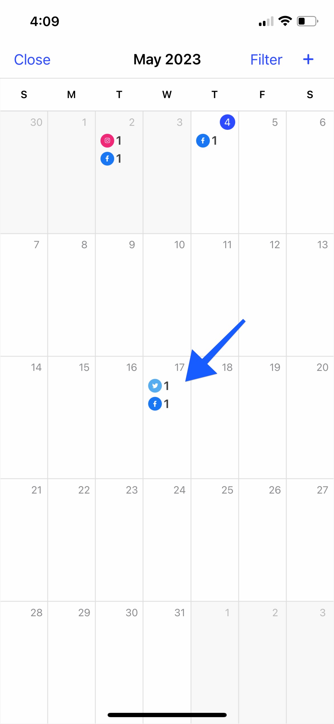 Calendar showing scheduled posts