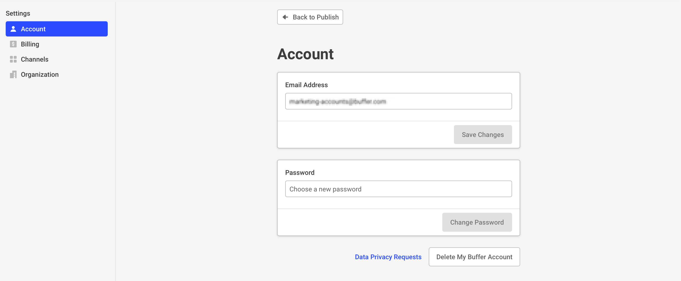 Account Settings on Buffer, showing Email Address and Password fill-ins