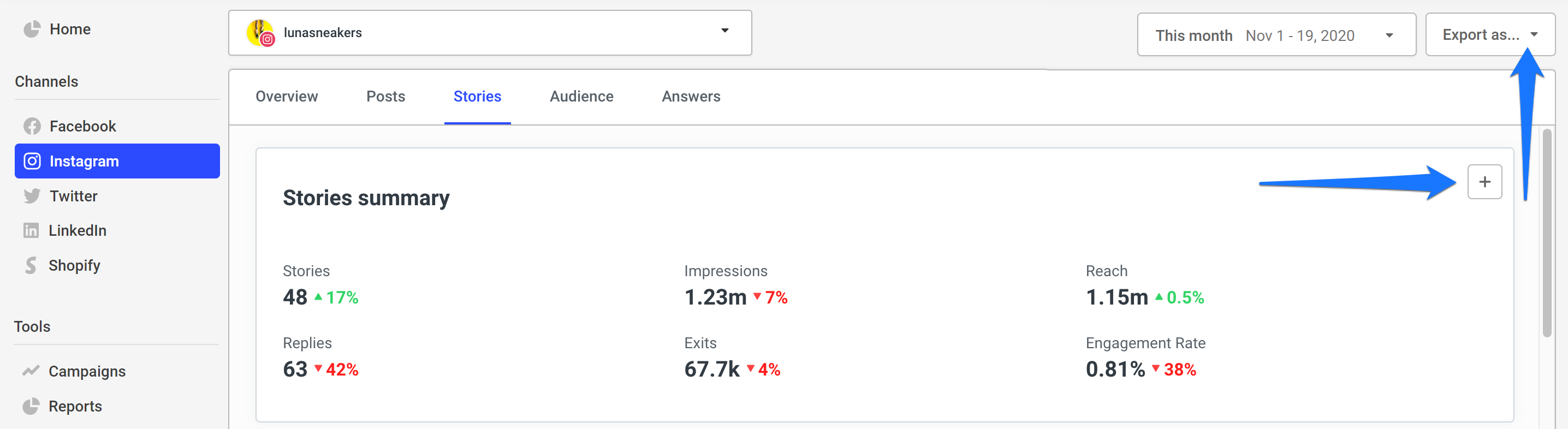 Stories summary and export in Buffer's analytics dashboard