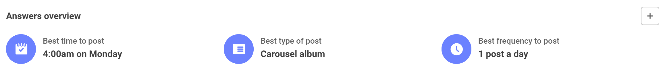Answers overview showing you the best time to post, the best type of post and the best frequency to post.