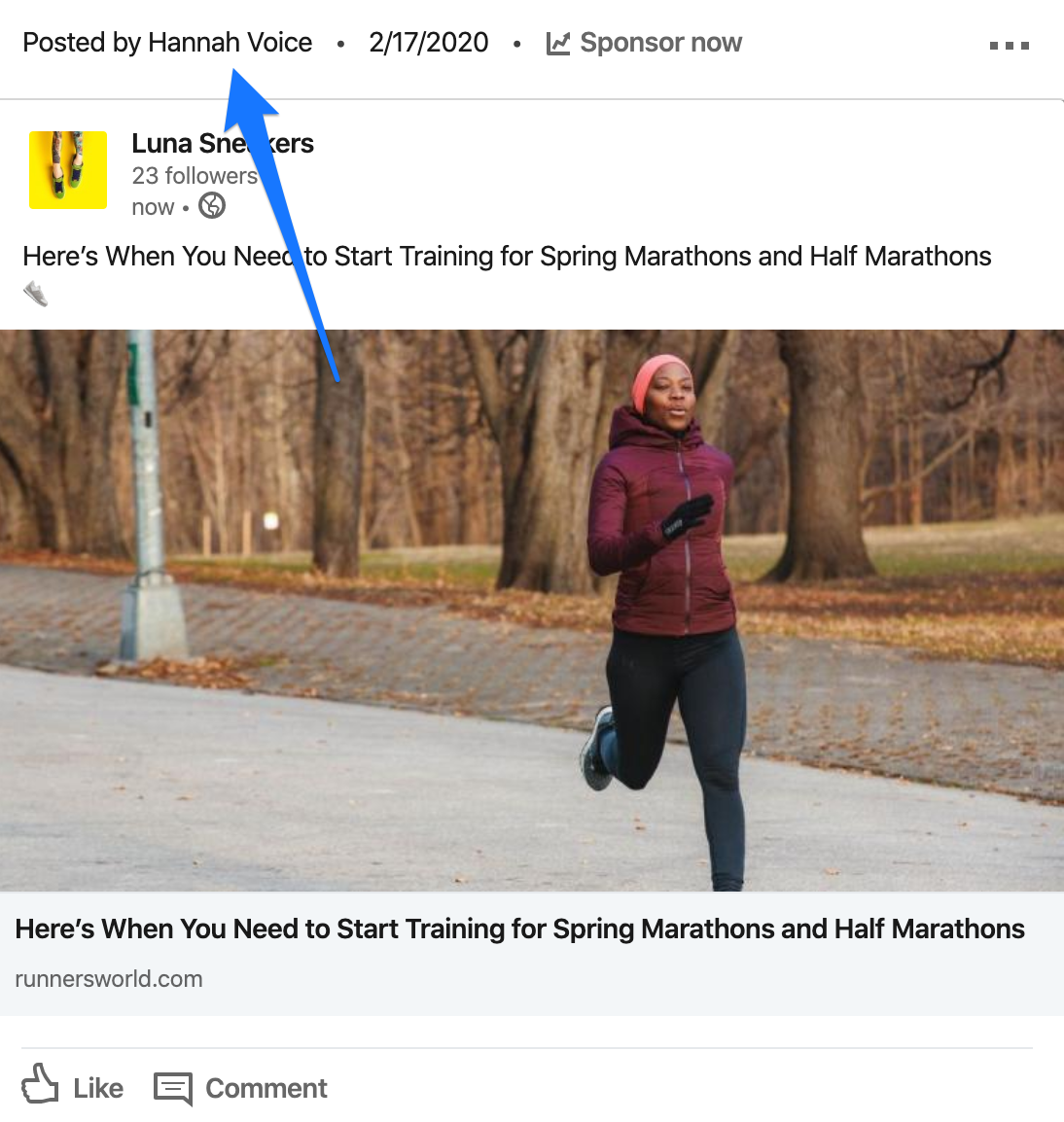 LinkedIn Page post showing the author name as the person who connected the Page to Buffer