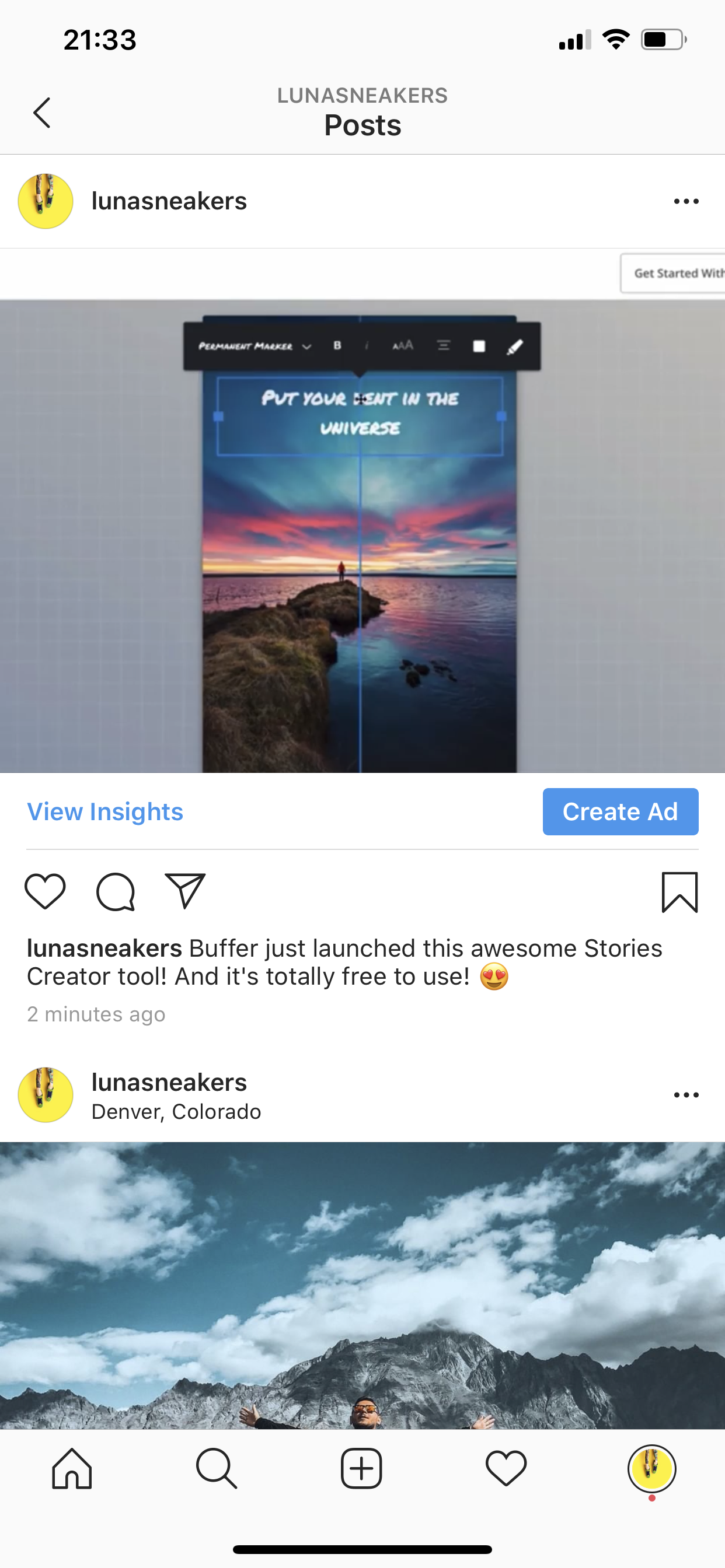 Instagram feed featuring a video of the Buffer Stories Creator and a post of mountains and clouds