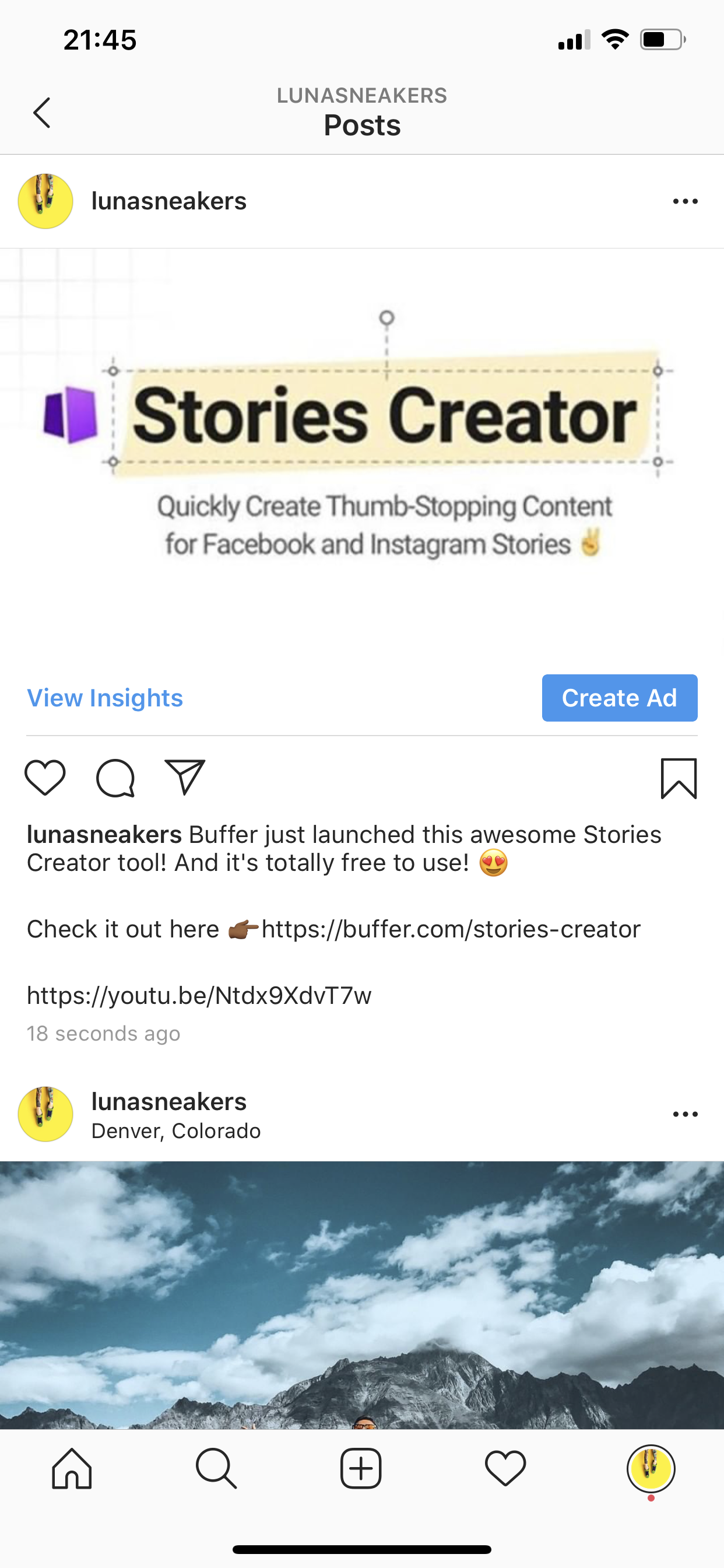 Instagram post with an image of the Buffer Stories Creator logo