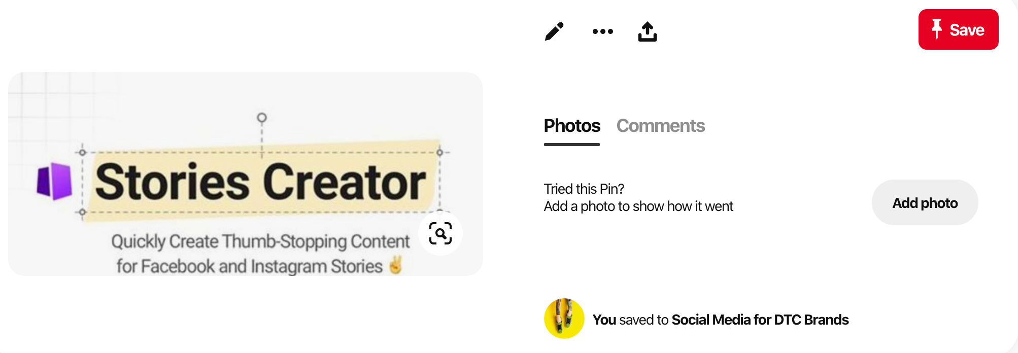 Pinterest pin with an image of the Stories Creator logo