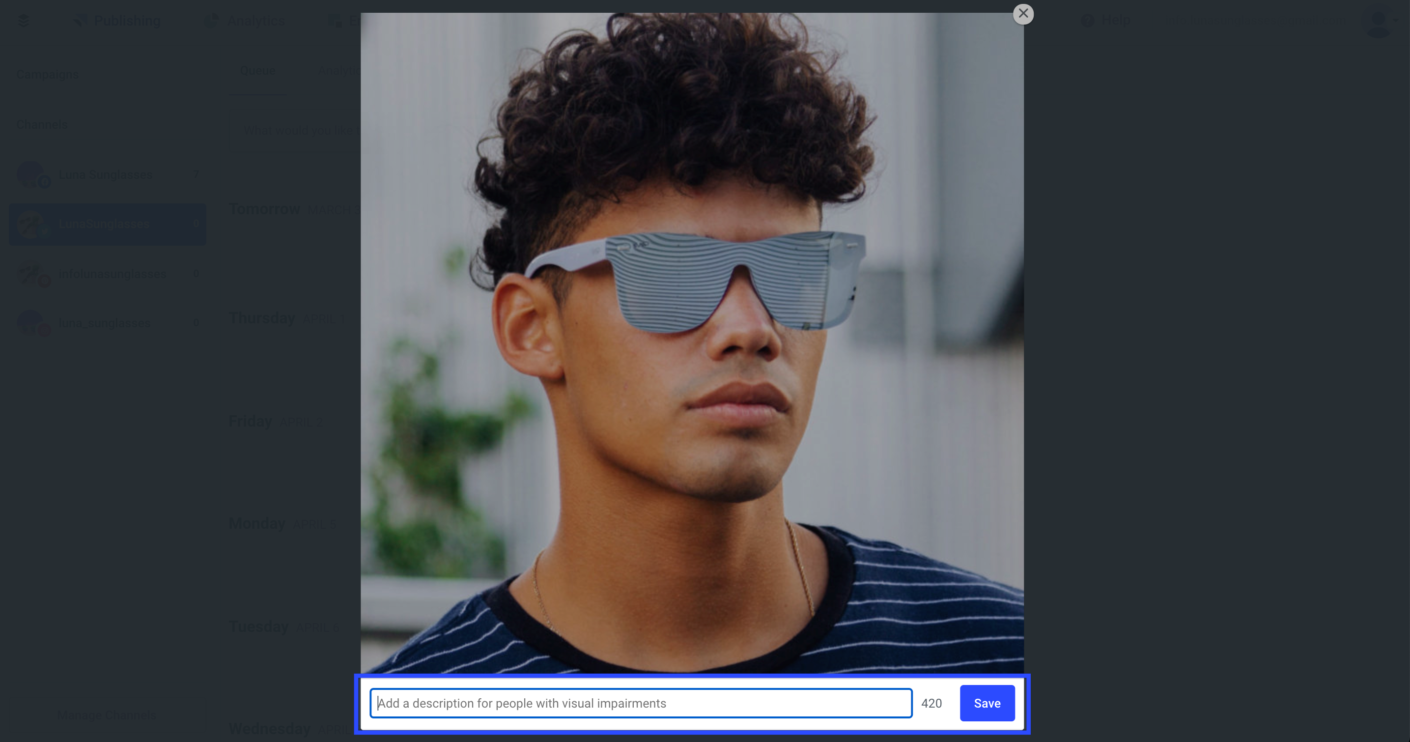 Image of man with sunglasses and a text box to add alt text beneath it