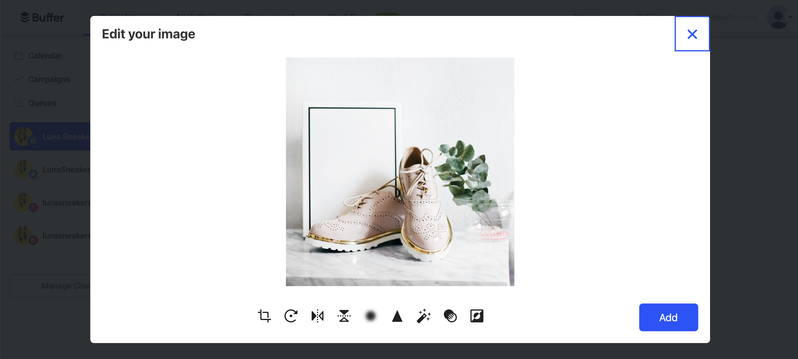 Buffer's image editor with an image of pink and gold shoes