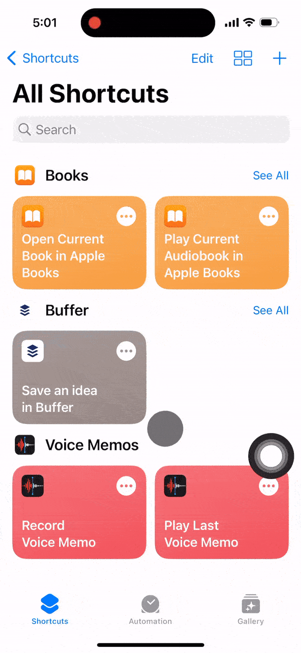 steps within the iOS Shortcuts app to create shortcut on iOS to save an idea to the Buffer mobile app