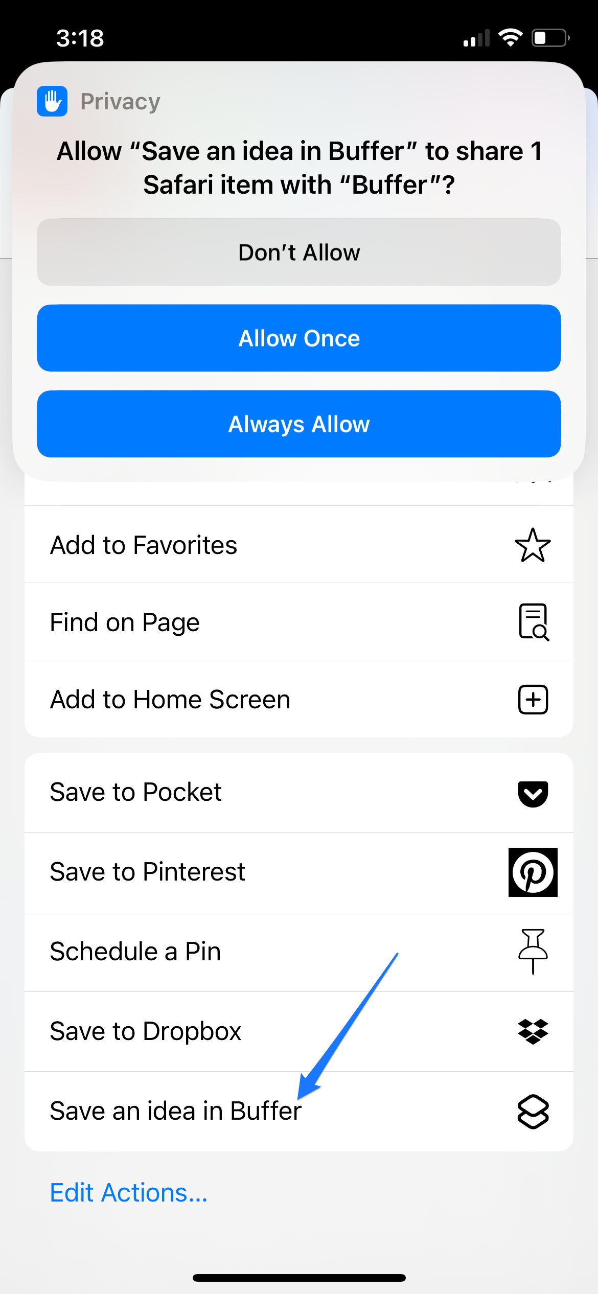 Screenshot of the shortcut to save your idea on the iOS share sheet