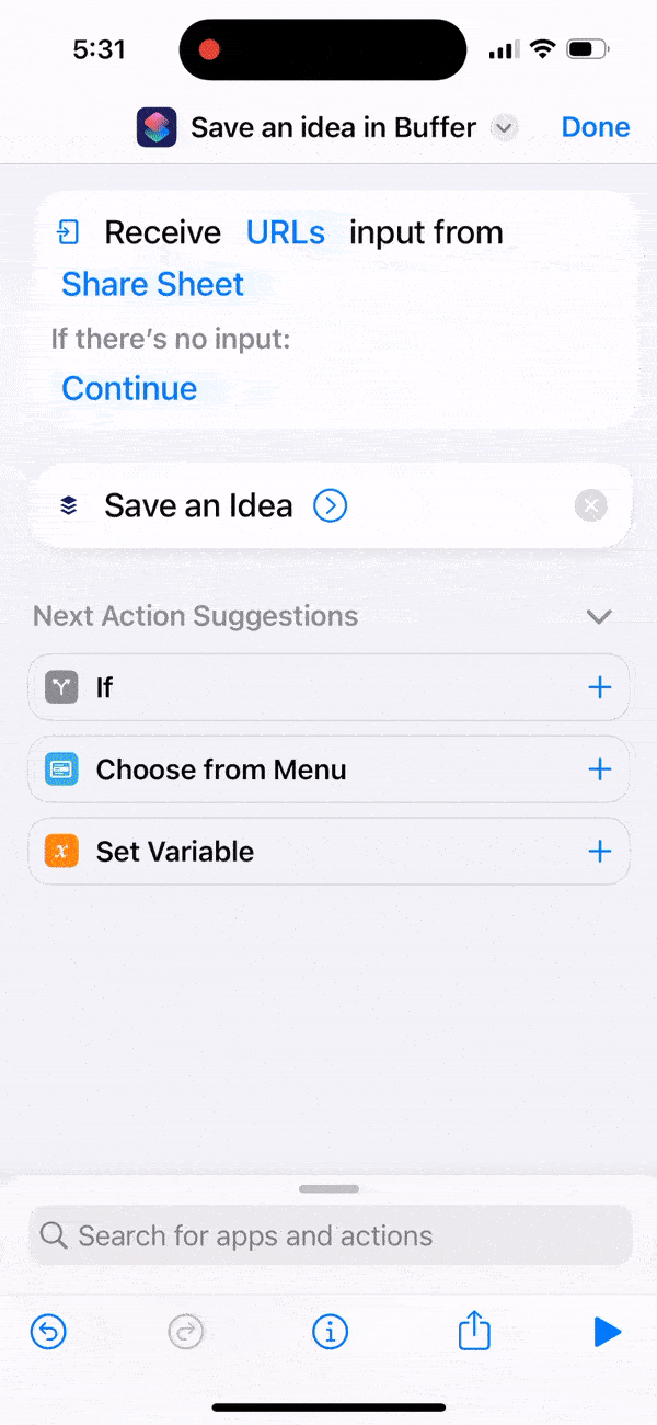 Final steps within the iOS Shortcuts app to create shortcut on iOS to save an idea to the Buffer mobile app