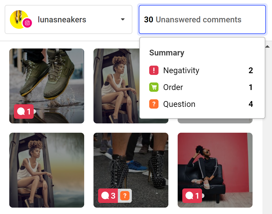 Engagement dashboard with 30 unanswered comments and the dropdown breakdown of comment sentiments