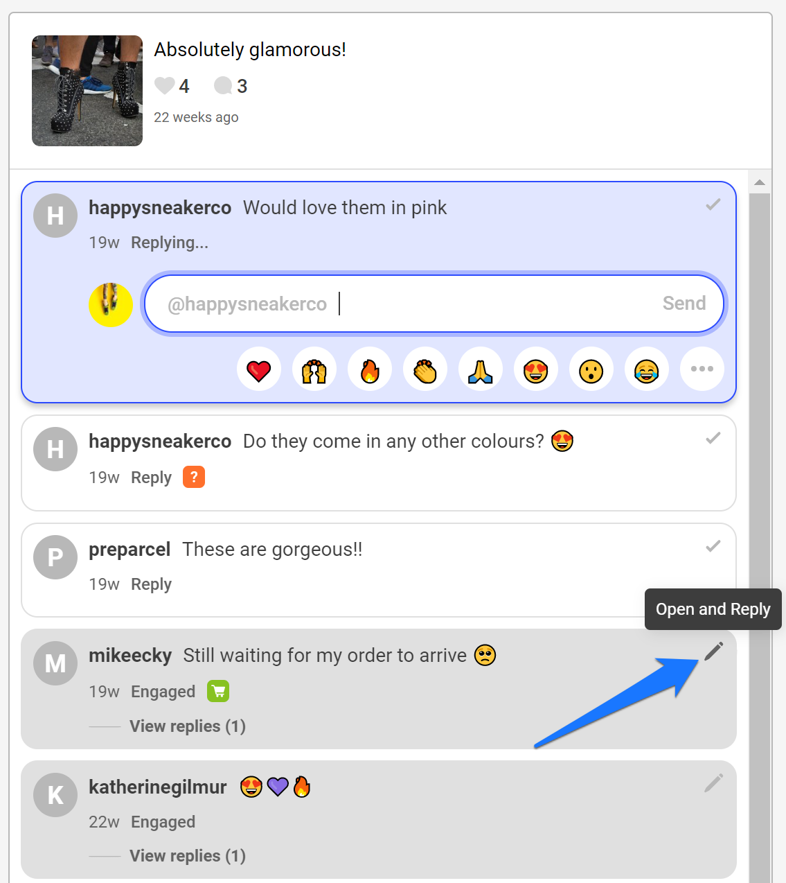 Engagement - blue arrow pointing to grey pencil/Open and Reply option 