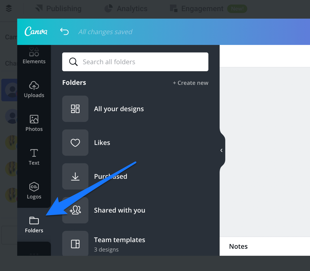 Canva interface with an arrow pointing to the Folders tab