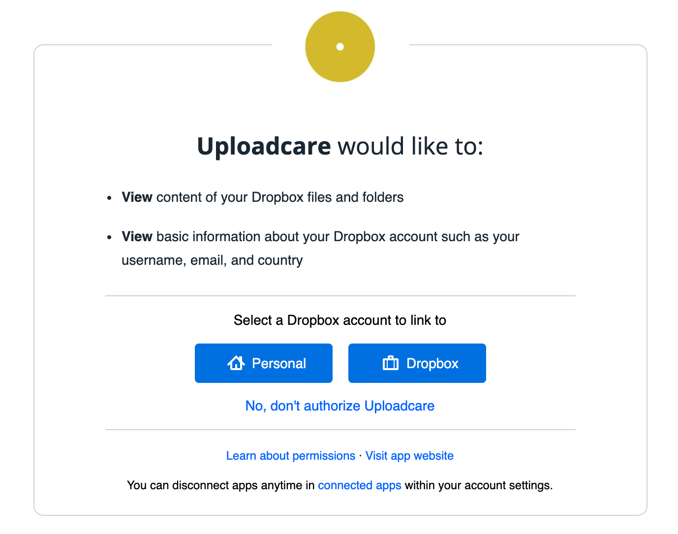 Uploadcare requesting permissions to access your Dropbox personal or business account.