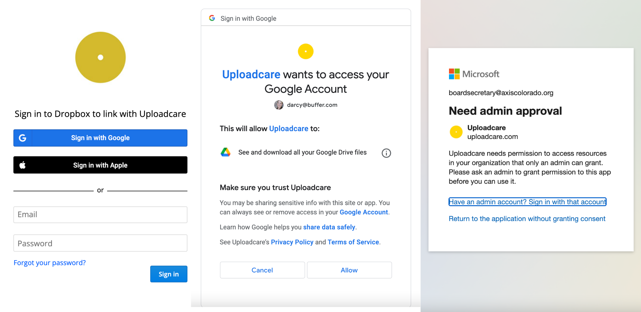 Authorizing with Dropbox (left), Google Drive (center), and OneDrive (right) with Buffer.