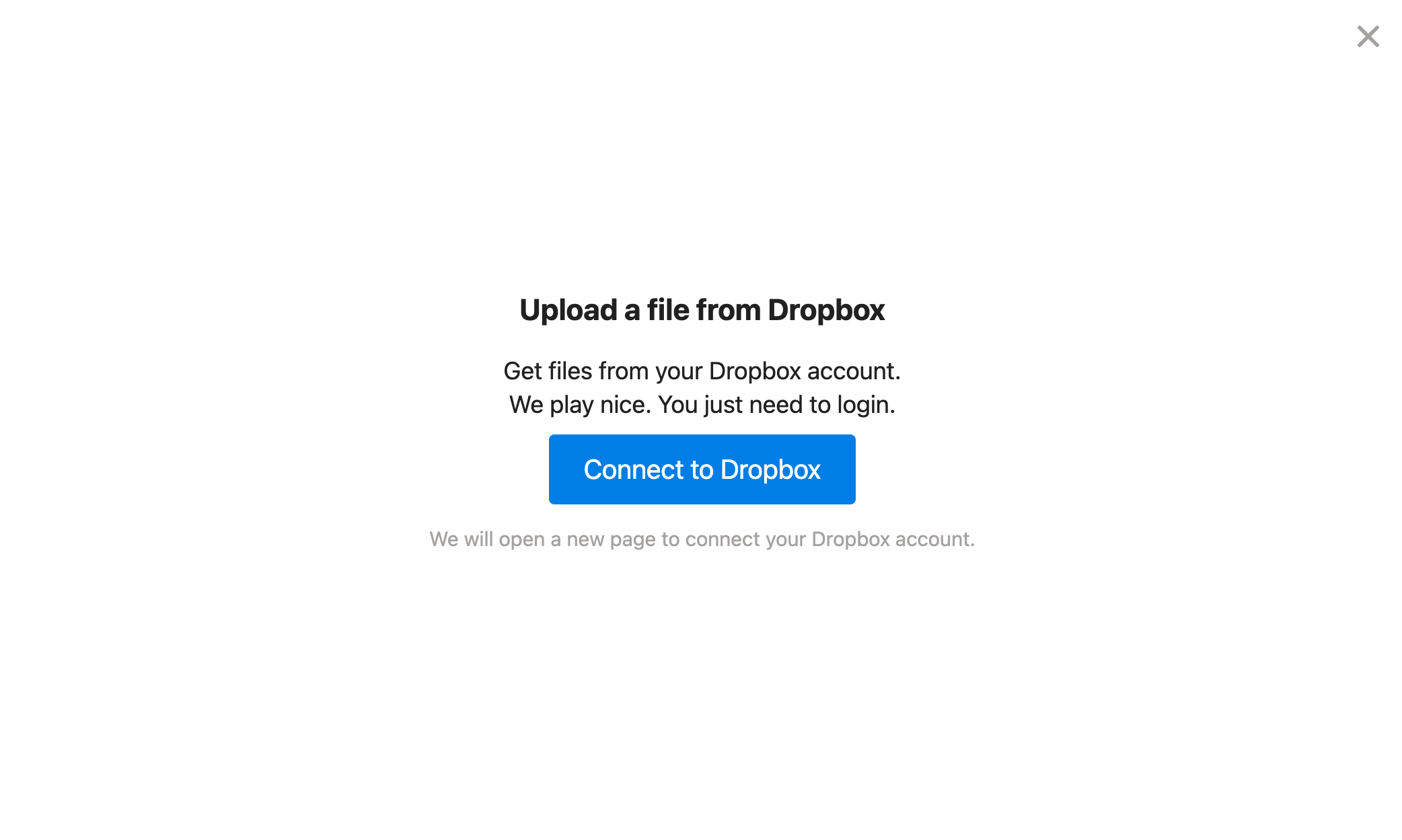 A pop-up prompting users to confirm that they want to Connect to Dropbox.