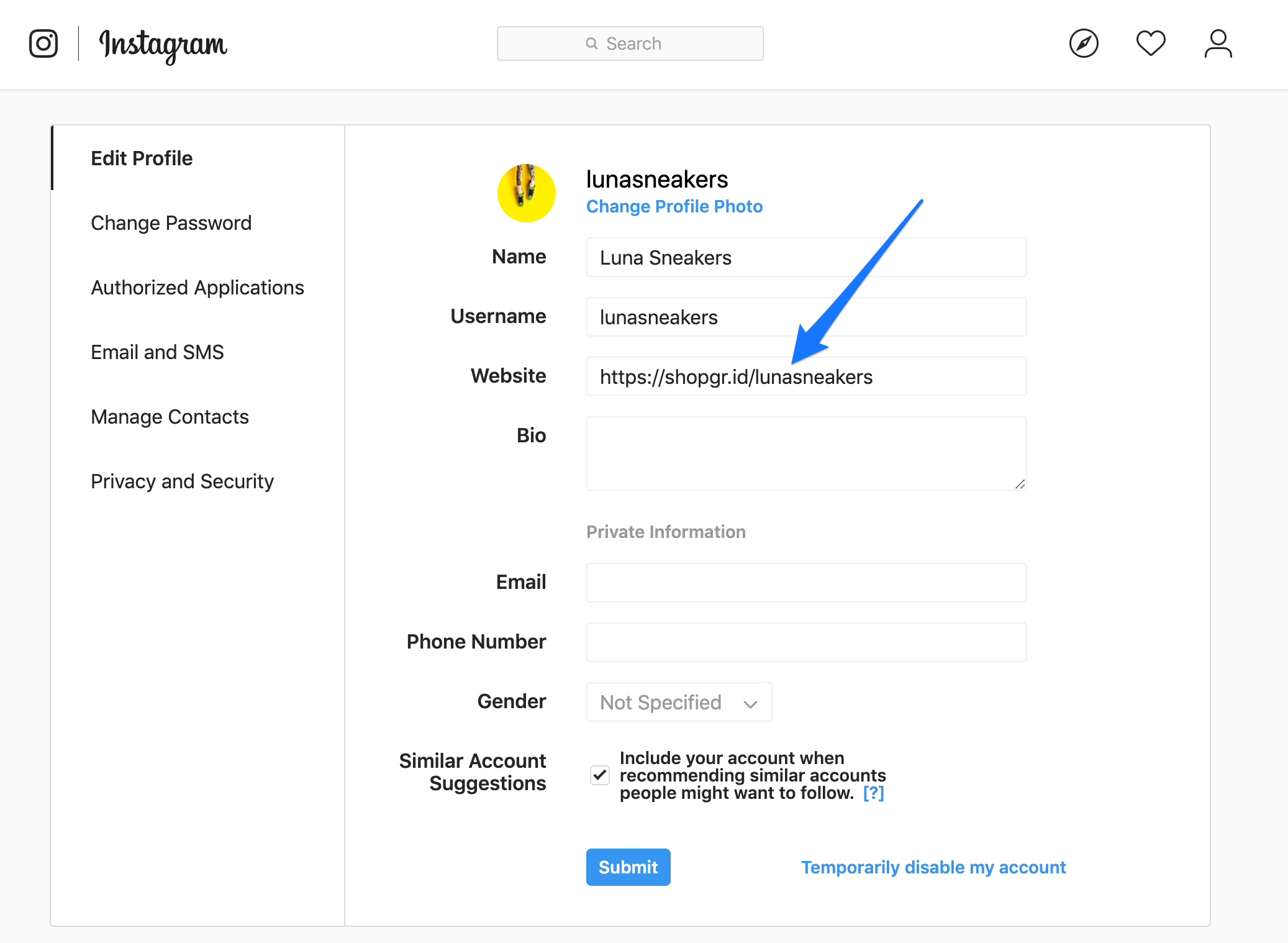 Instagram Edit Profile with an arrow pointing to the Website field and a Shop Grid link added