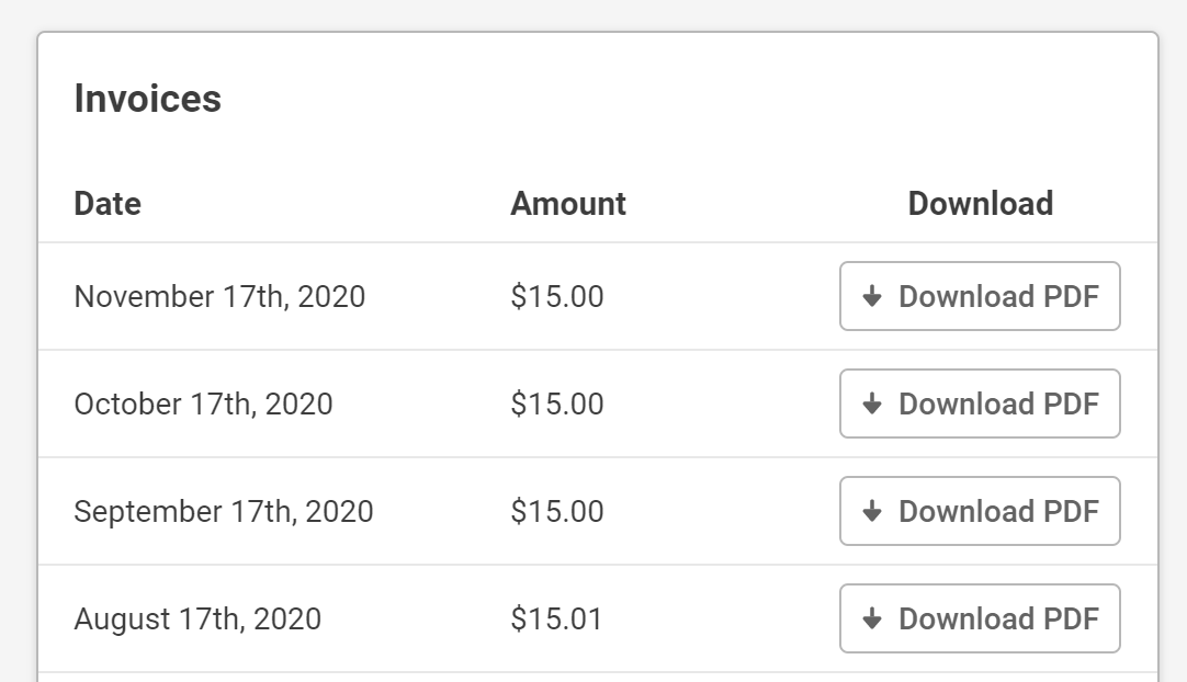 Buffer Invoices with the Date, Amount, and option to Download PDF