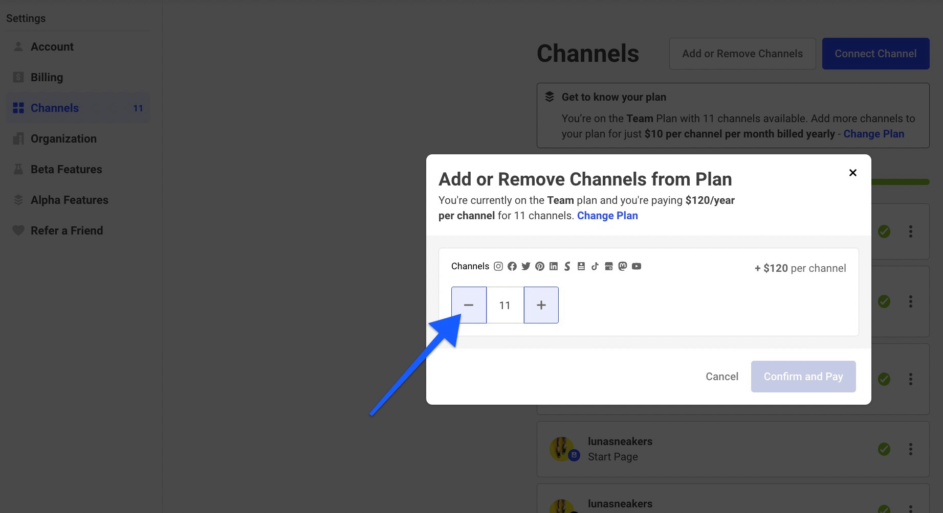 Add or Remove Channels from Plan pop-up with an arrow pointing to the remove channel button