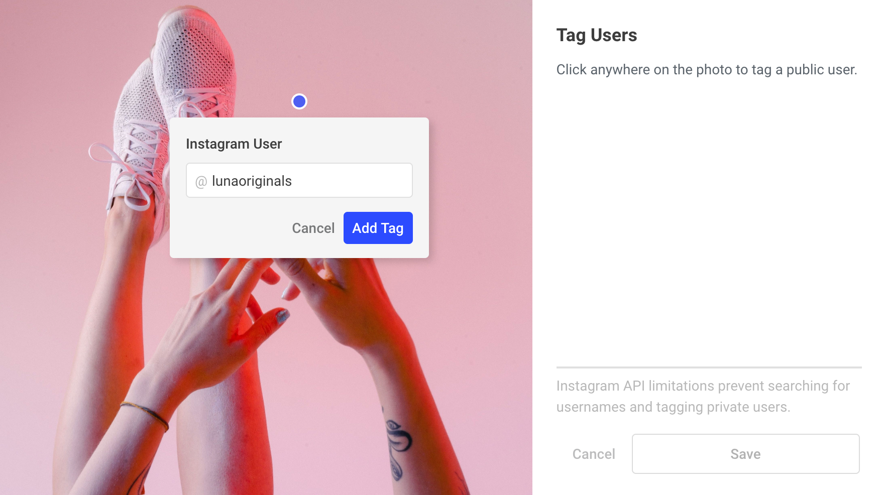 Buffer's Instagram tagging screen with @lunaoriginals entered in the composer