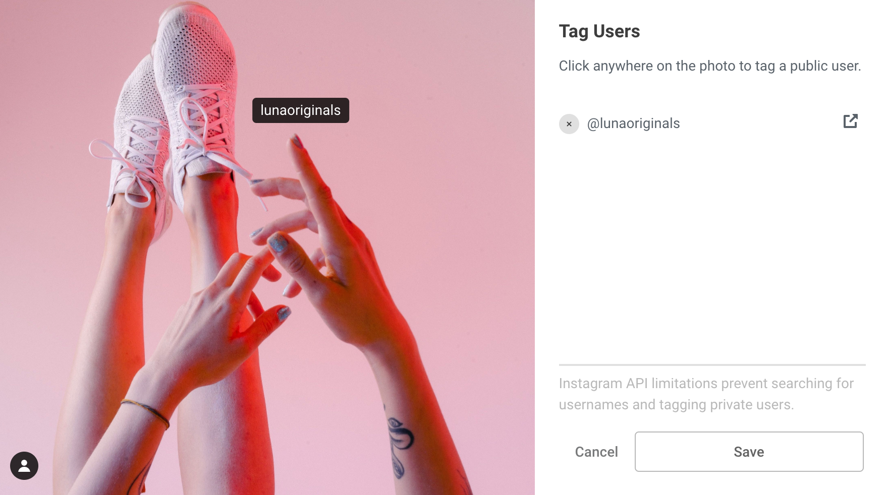 Buffer Instagram tagging screen with @lunaoriginals tagged in an image of white sneakers and hands in the air